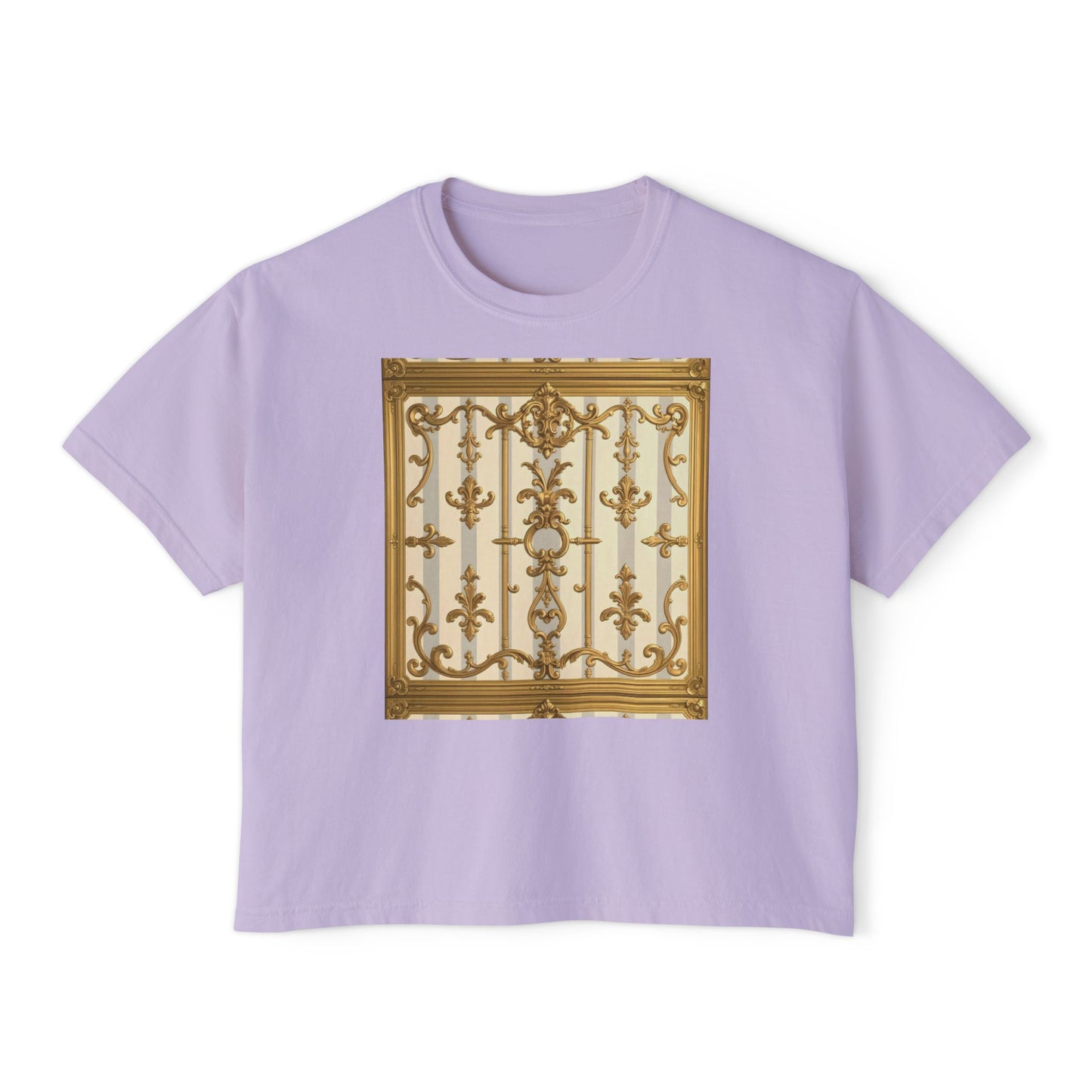 Chic Women's Boxy Tee with Elegant Gate Design, Stylish Casual Wear, Summer Tee, Gift for Her - Matte Gray & Cream Striped Gold Baroque