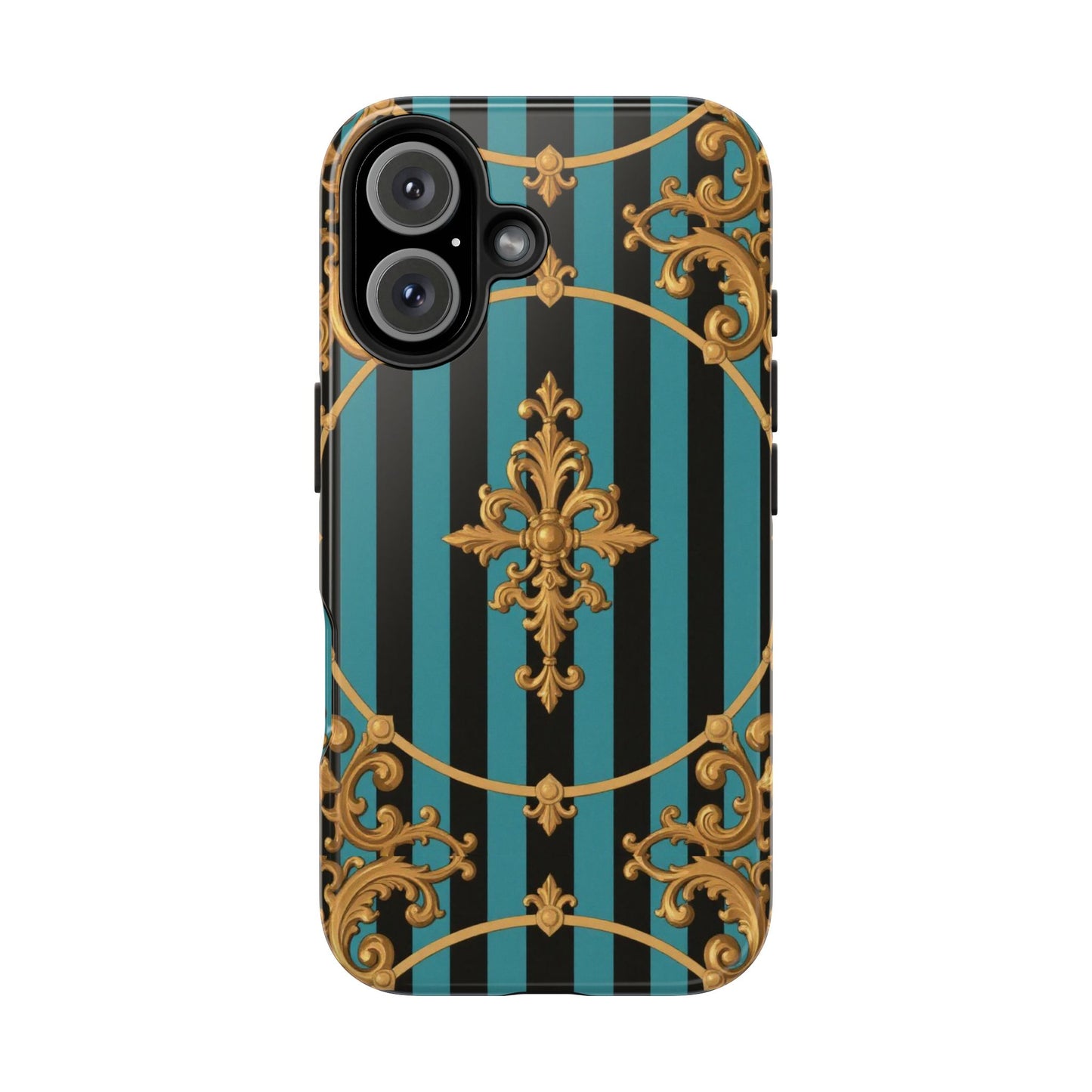 Elegant Turquoise & Black Striped Gold Baroque Phone Case, Tough Phone Cases for Fashion Lovers, Gift for Her, Luxury Accessories