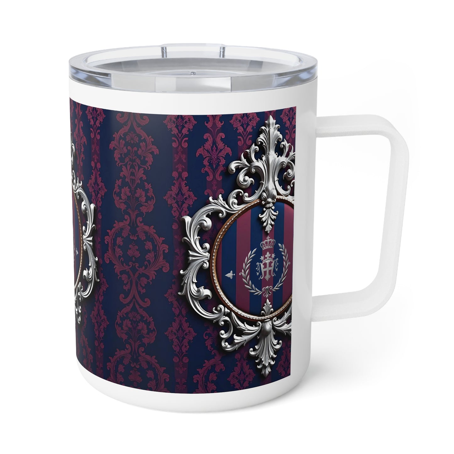 Elegant Insulated Coffee Mug with Regal Design | Perfect Gift for Home, Royal Tea Lovers, Stylish Drinkware - Blue & Plum Striped Silver Crest