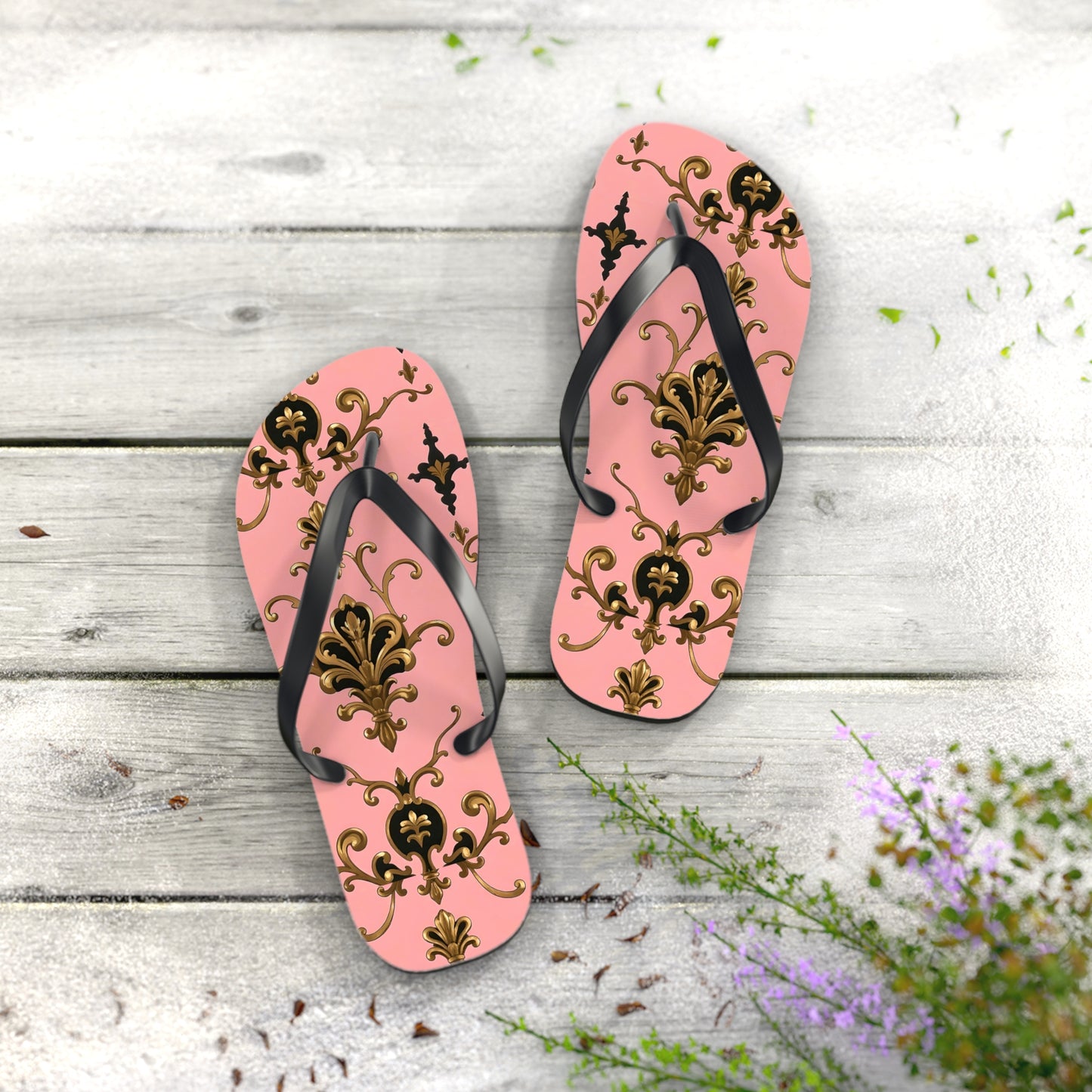 Stylish Flip Flops with Elegant Pink Design, Summer Footwear, Beach Sandals, Vacation Essentials - Pink, Black & Gold Rococo