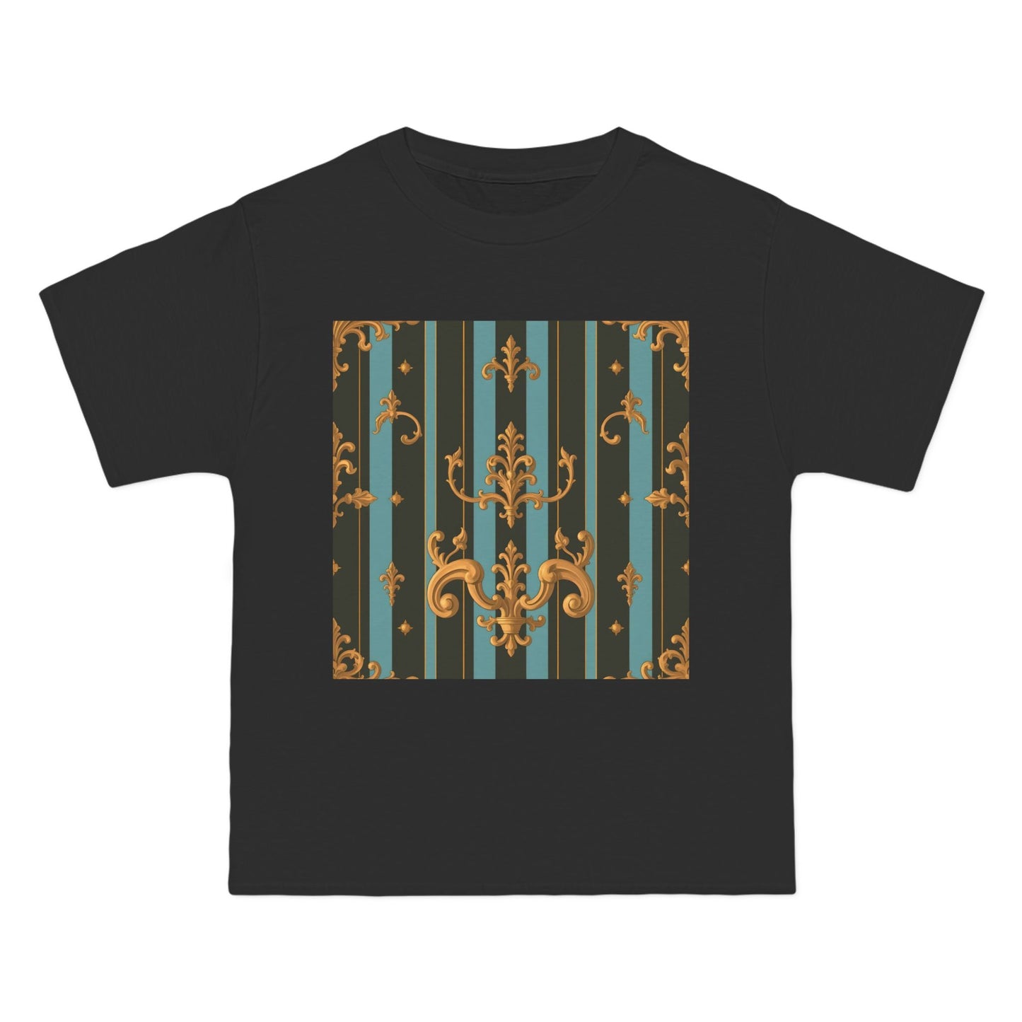 Elegant Vintage Pattern T-Shirt, Stylish Tee for Everyday Wear, Retro Design Shirt, Perfect Gift for Art Lovers - Black & Turquoise Striped Baroque