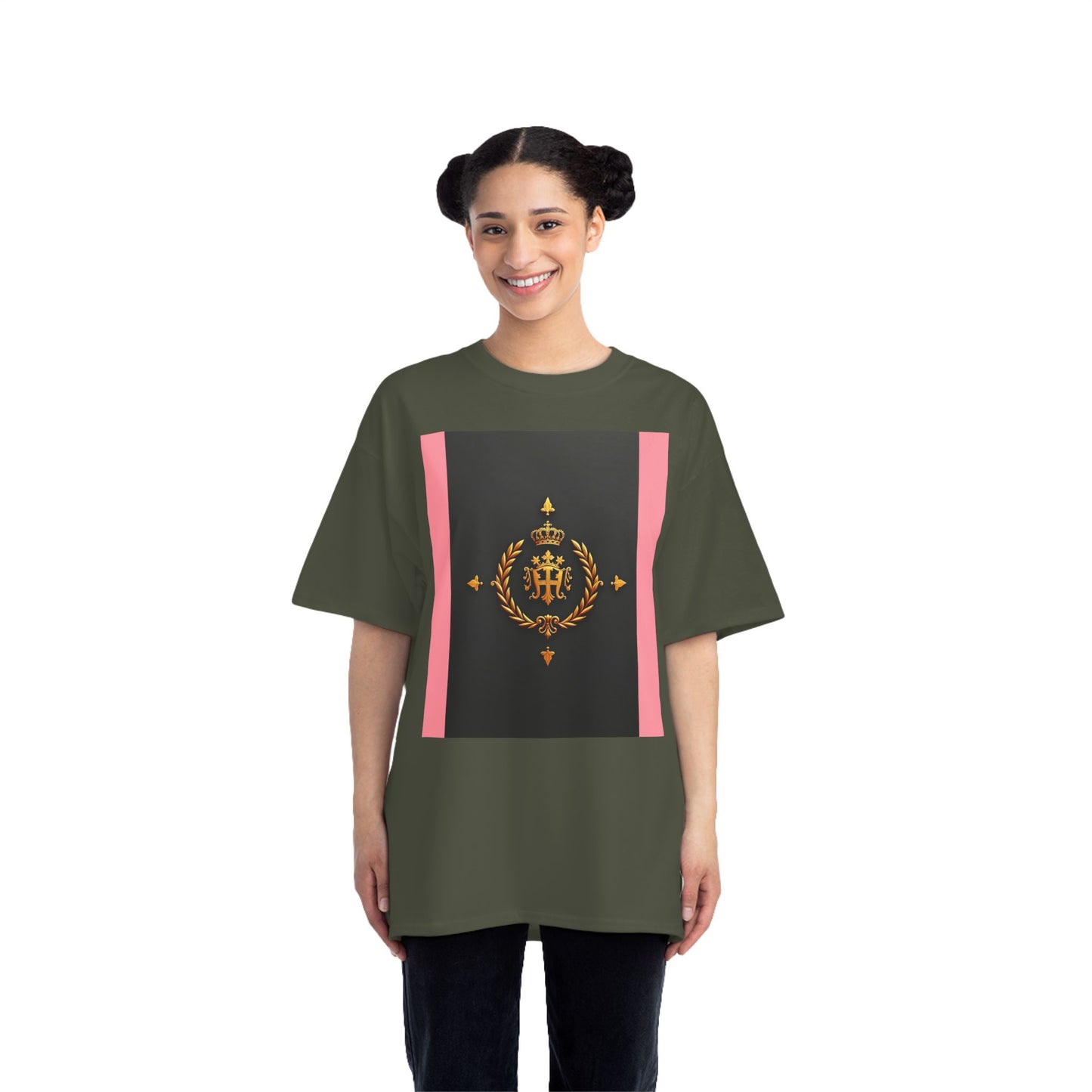 Short-Sleeve Graphic T-Shirt, Stylish Casual Wear, Trendy Gift for Friends, Summer Fashion, Statement Tee, Everyday Comfort - Pink Striped Gold Crest
