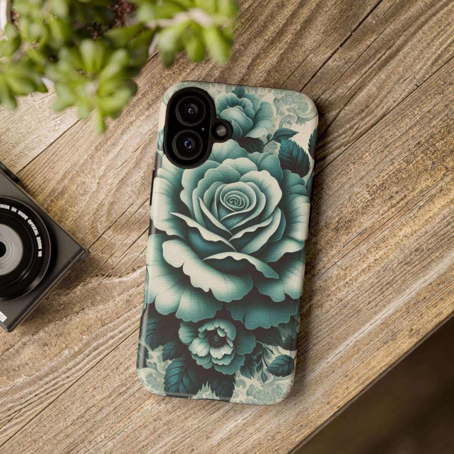 Elegant Floral Motif Phone Case - Tough Cases with Vintage Design - Teal Roses & Damask