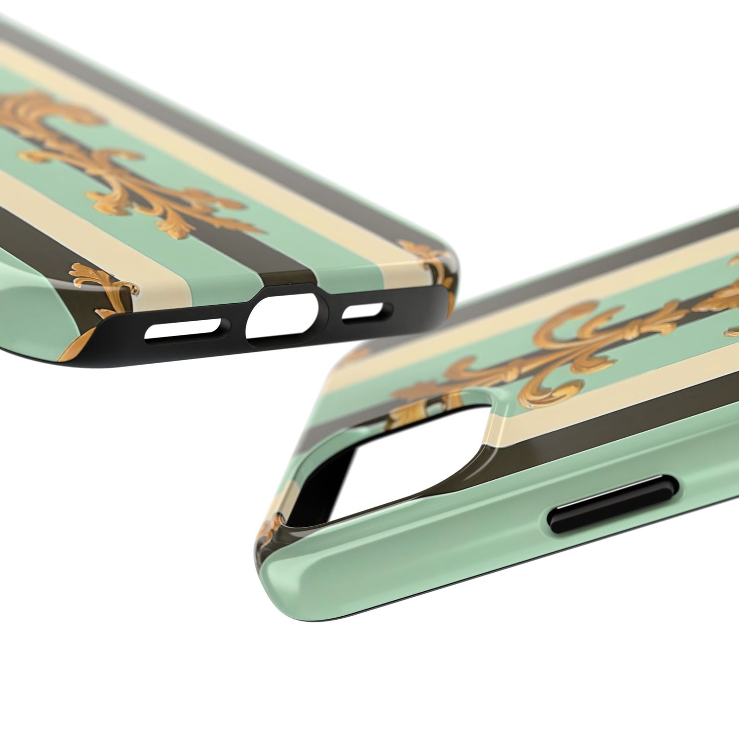 Elegant Floral Tough Phone Cases - Stylish Protection for All Occasions, Gifts for Her, Phone Covers - Black & Matte Mint Striped Rococo