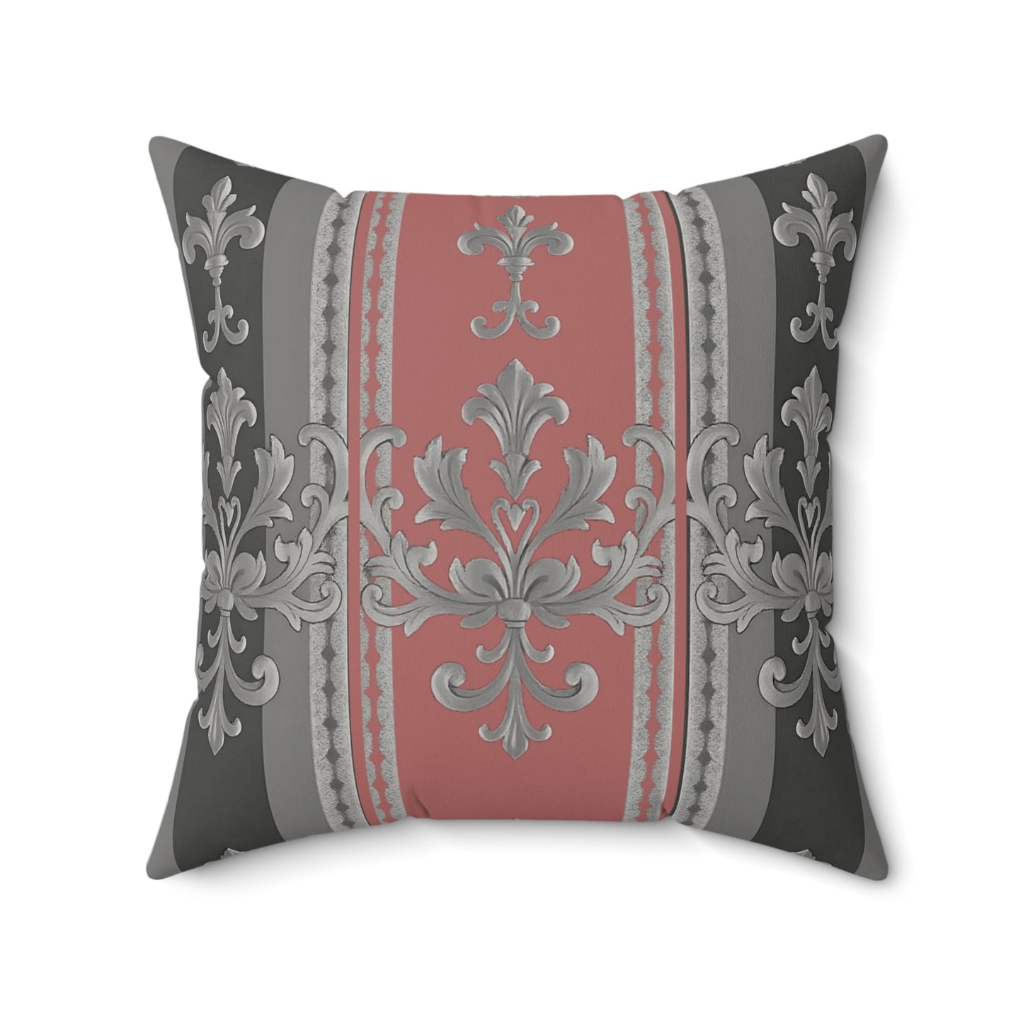 Elegant Faux Suede Square Pillow with Decorative Print - Gray & Mauve Striped Baroque