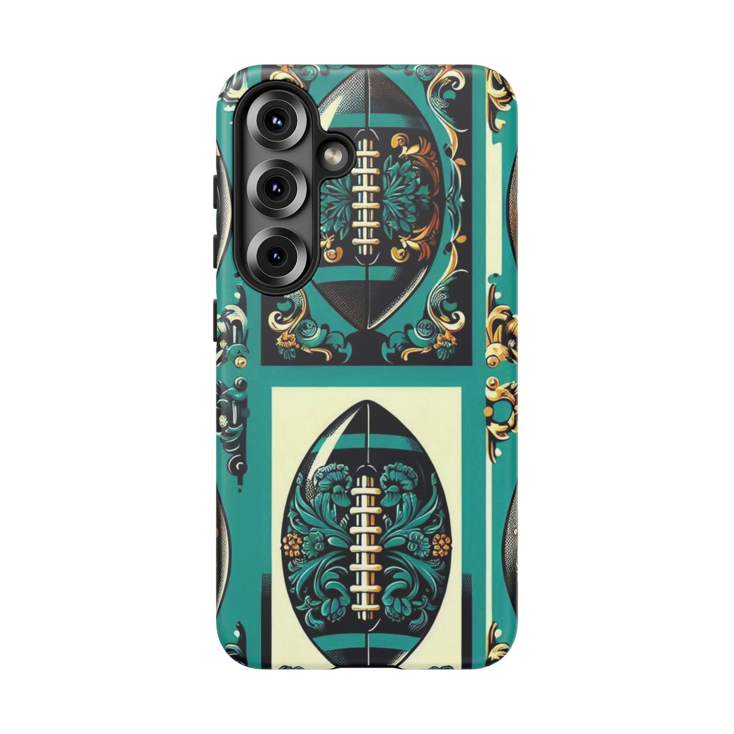 Elegant Floral Motif Phone Case - Tough Cases with Vintage Design -  Damask Teal, Gold & Black Footballs