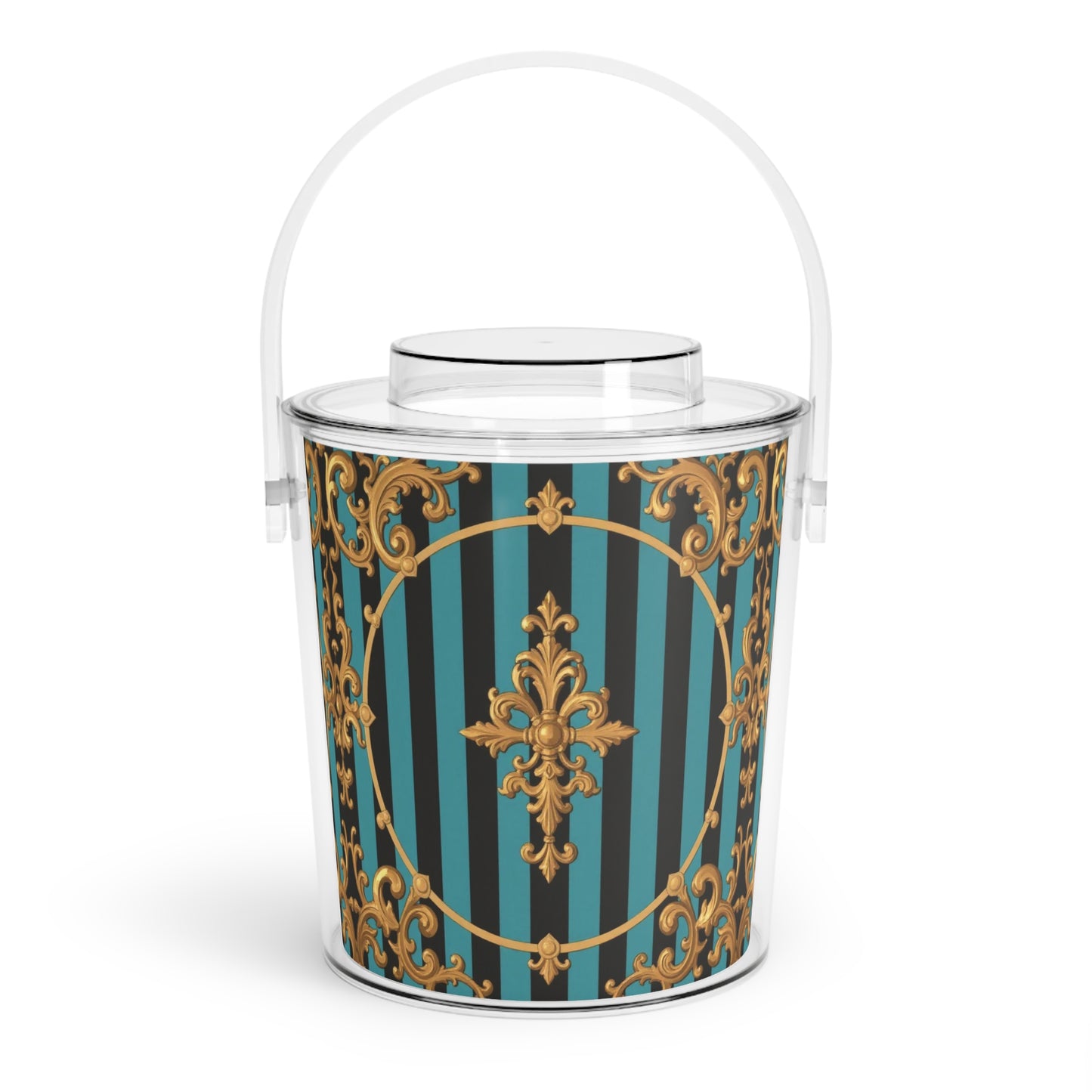 Elegant Turquoise & Black Striped Gold Baroque Ice Bucket with Tongs, Decorative Party Cooler, Barware Gift, Cocktail Accessory