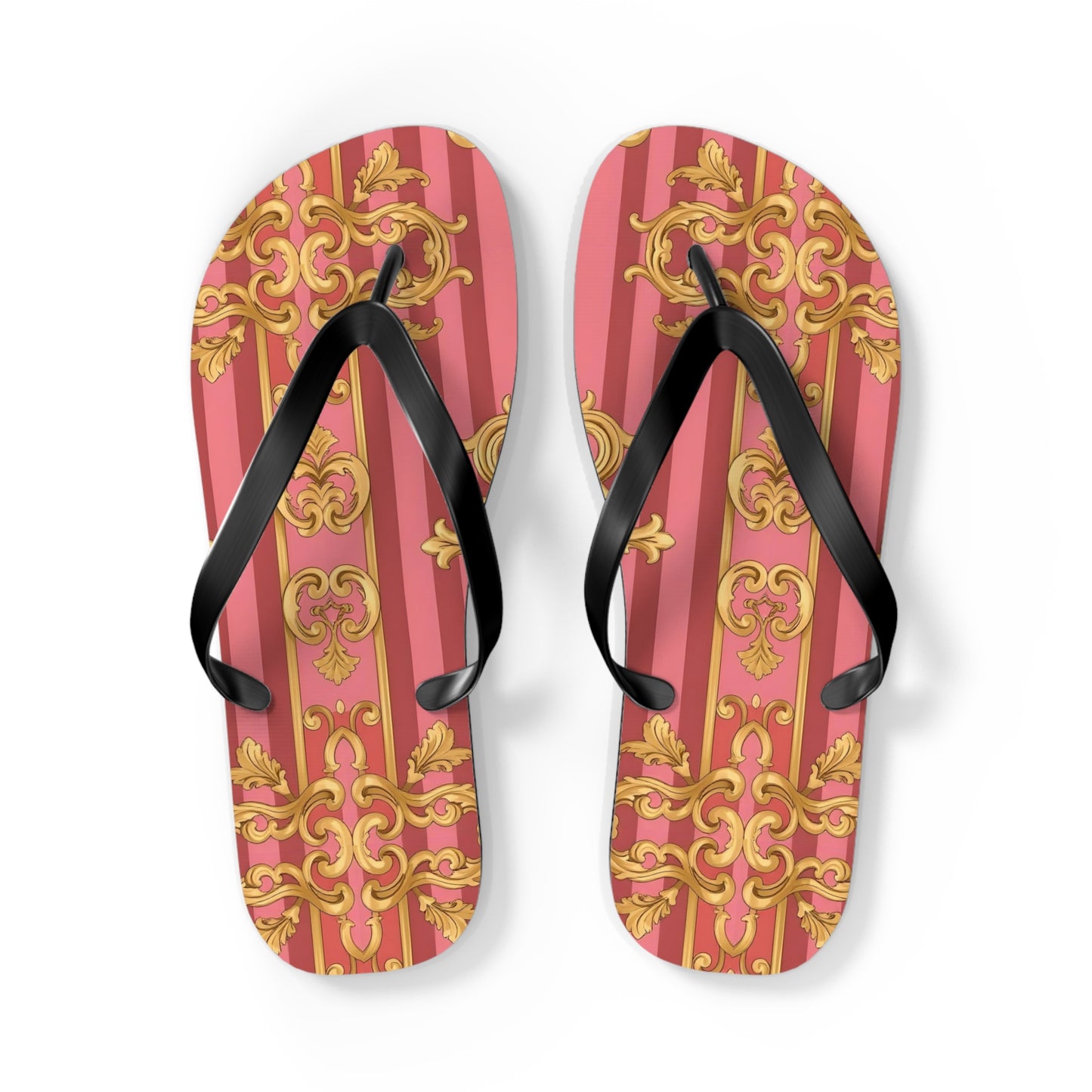 Elegant Floral Flip Flops, Summer Sandals, Beach Accessories, Vacation Footwear, Stylish Slip-Ons - Pink Striped Gold Baroque