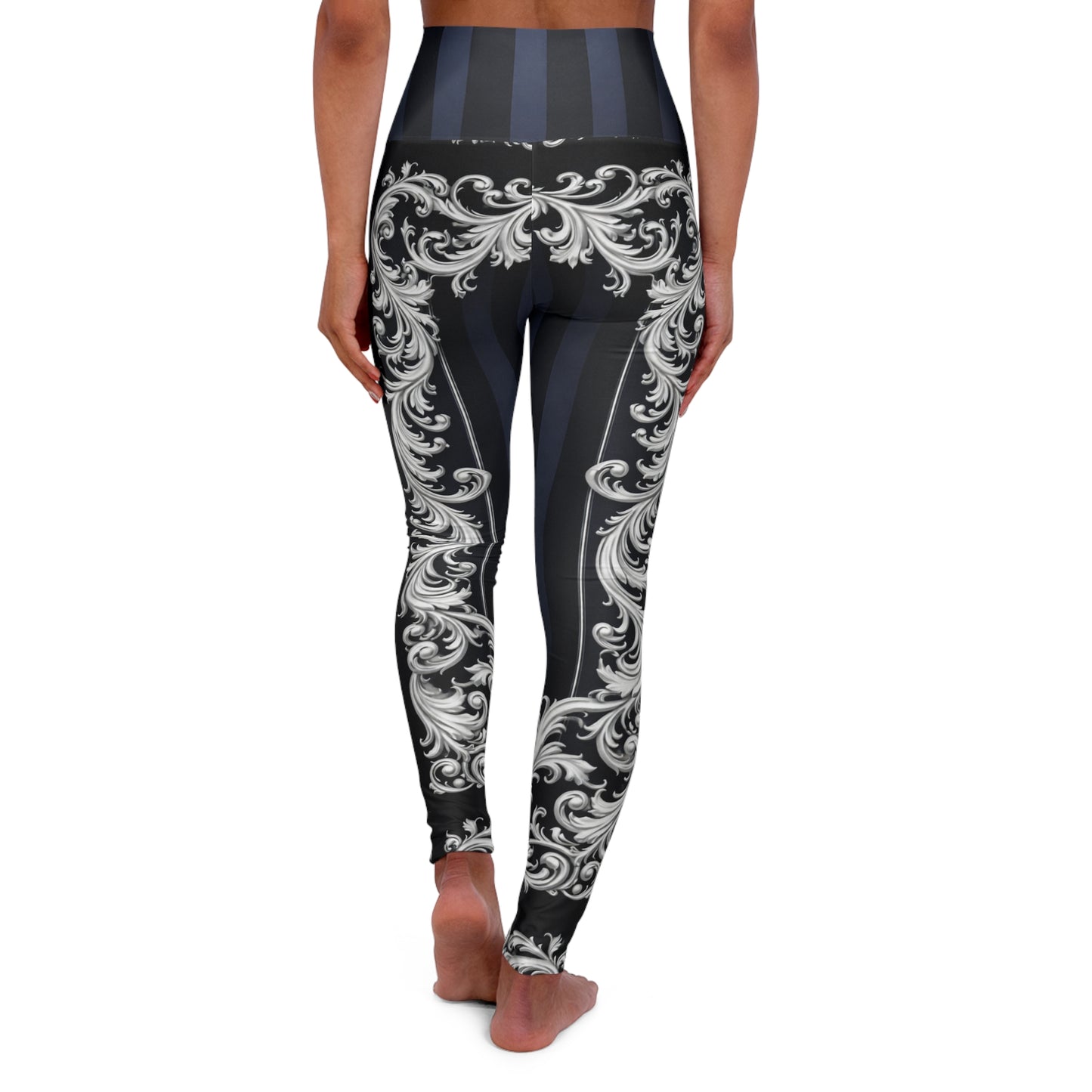 Navy Stripes & Baroque Scroll High-Waist Yoga Leggings