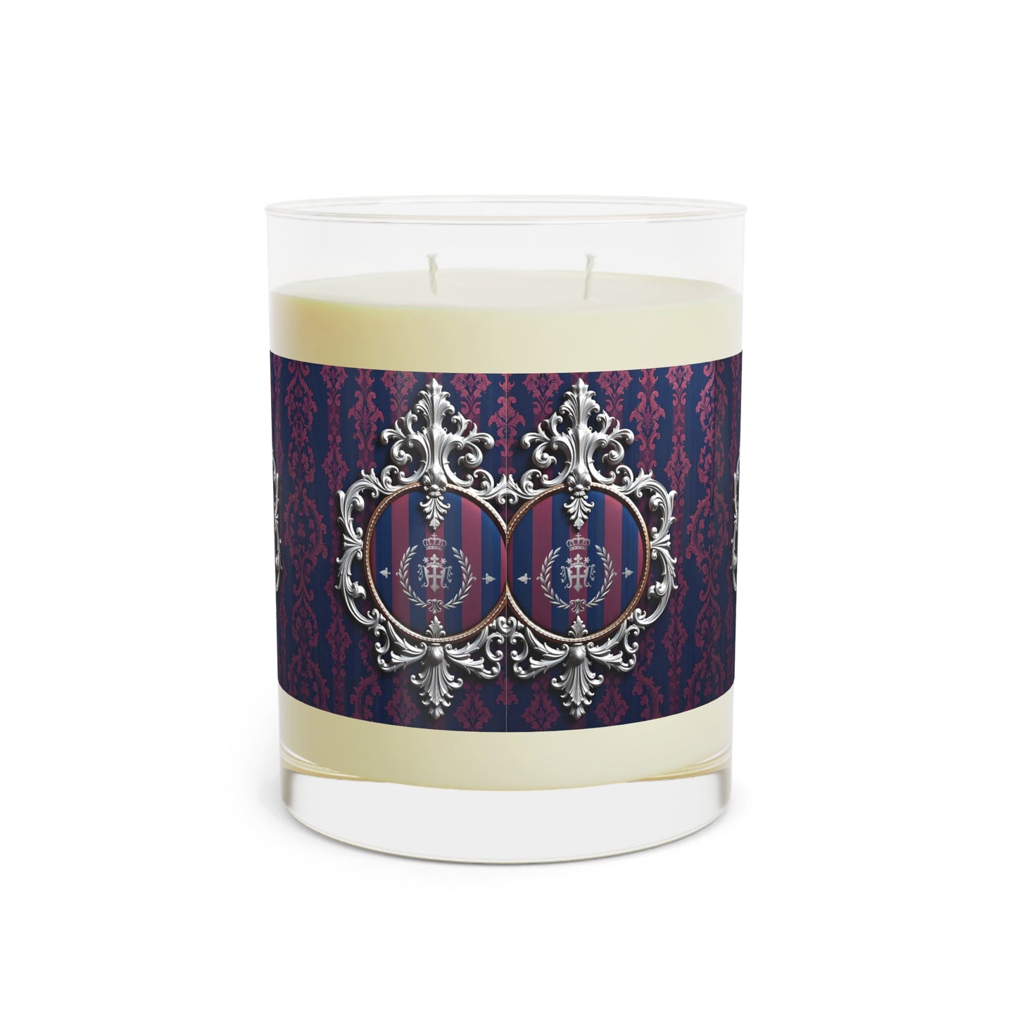 Elegant Scented Candle - Luxurious Home Decor, Aromatherapy Gift, Housewarming Present, Decorative Candle - Blue & Plum Striped Silver Crest