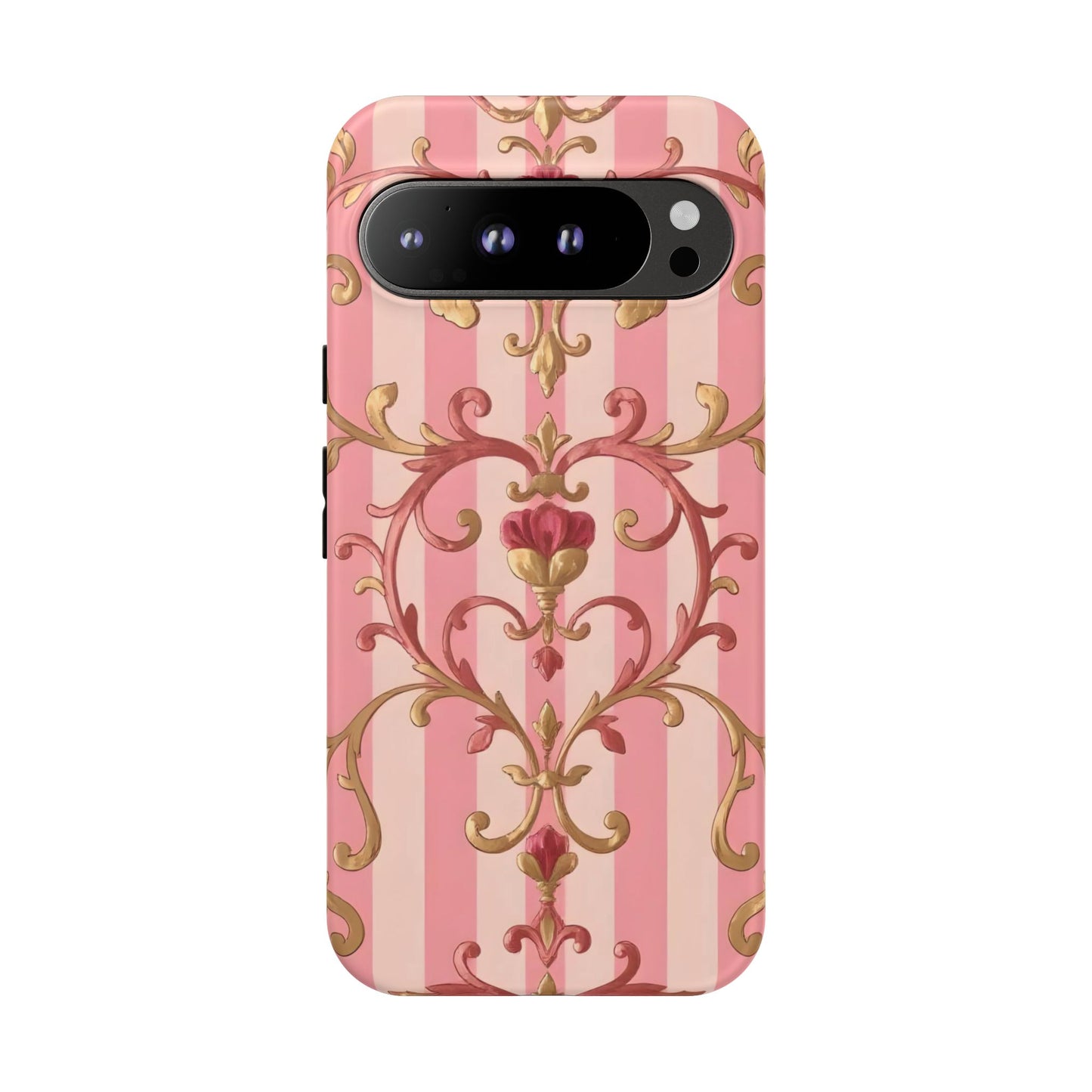Elegant Floral Motif Phone Case - Tough Cases with Vintage Design - Pink Striped Rose Gold Damask