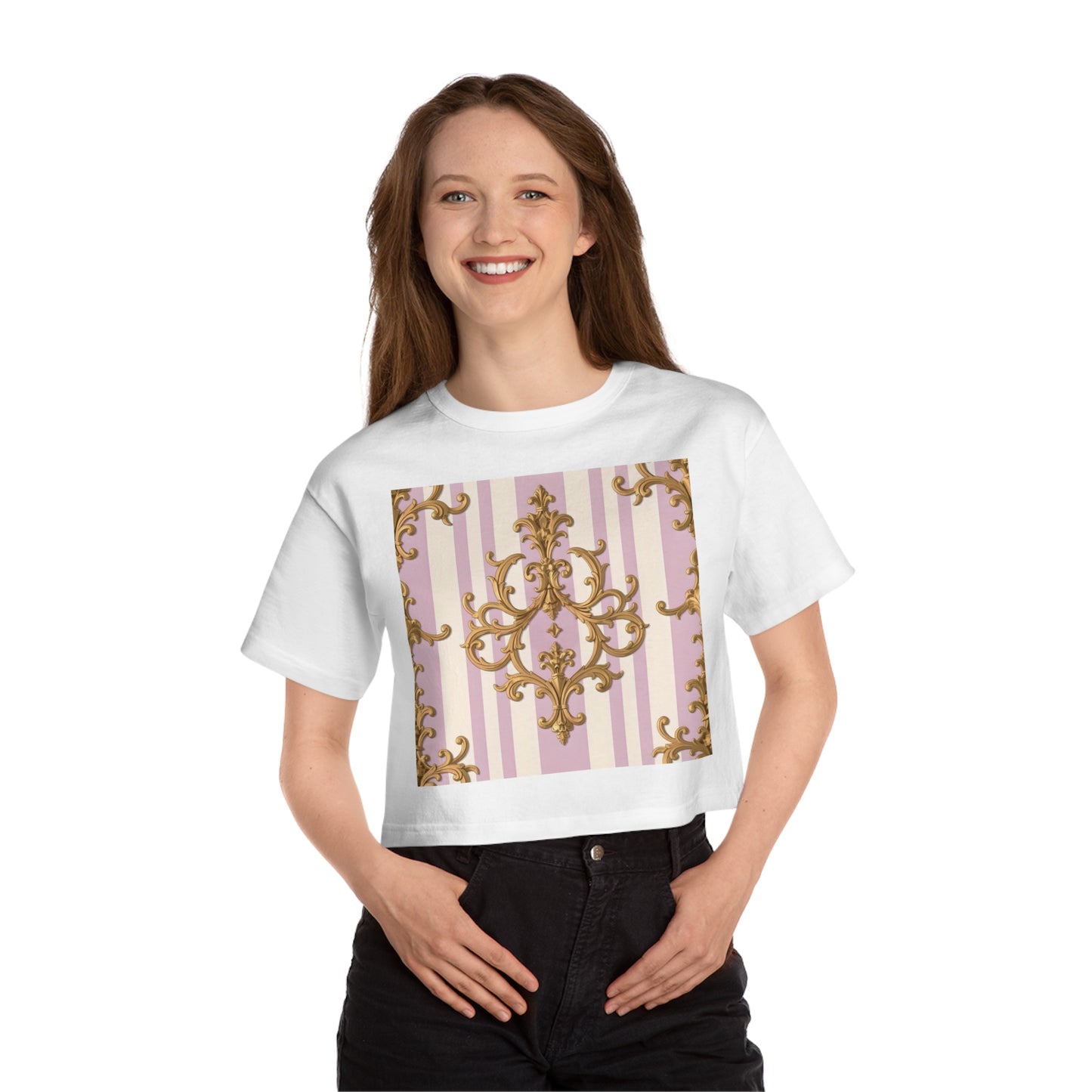 Chic Heritage Cropped T-Shirt | Stylish Graphic Tee, Vintage-Inspired, Casual Top, Summer Fashion, Gift for Her - Lilac & Alabaster Striped Gold Baroque
