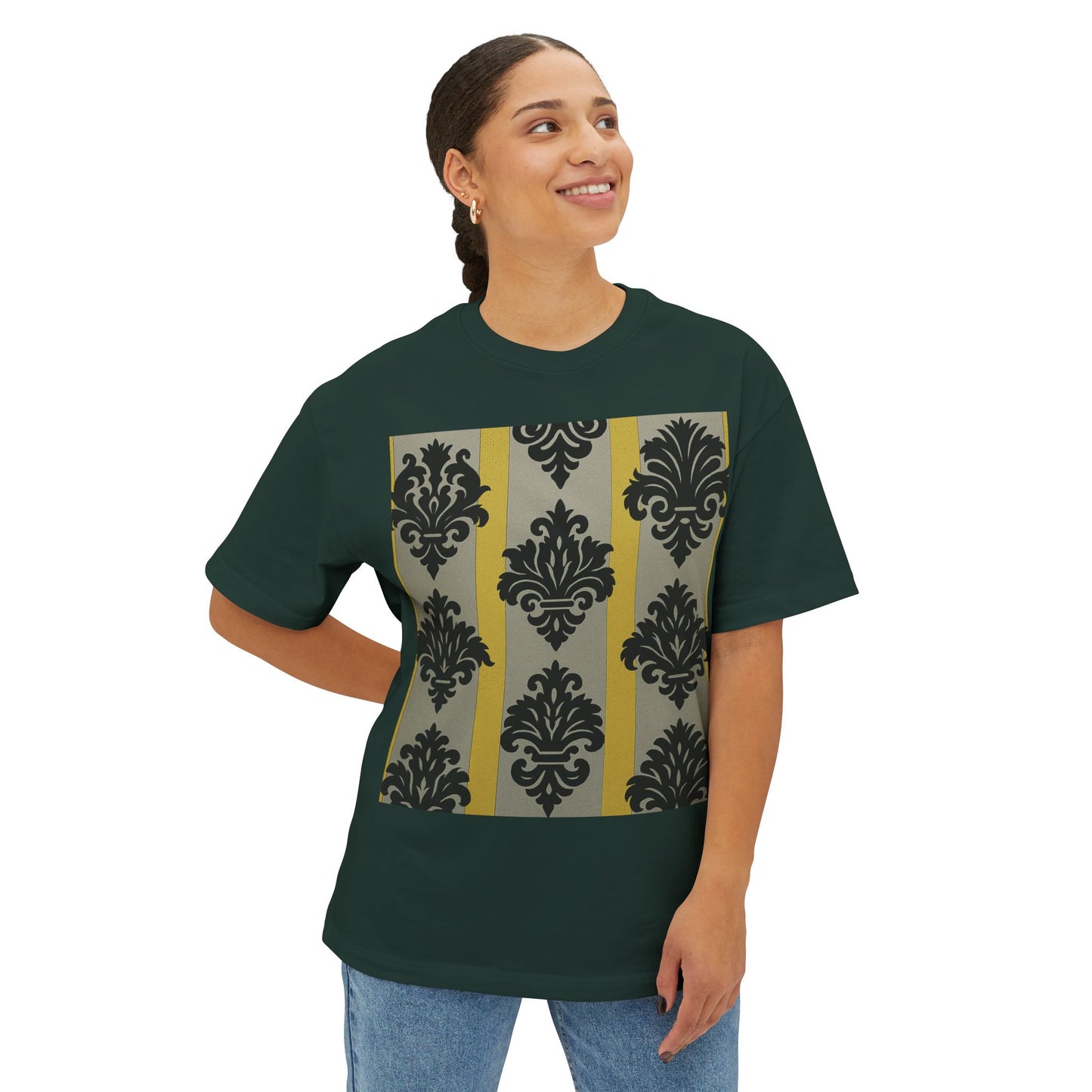 Chic Unisex Oversized Tee, Stylish Casual Wear, Statement Tee, Everyday Comfort, Fashion Gift - Silver & Gold Striped Black Baroque