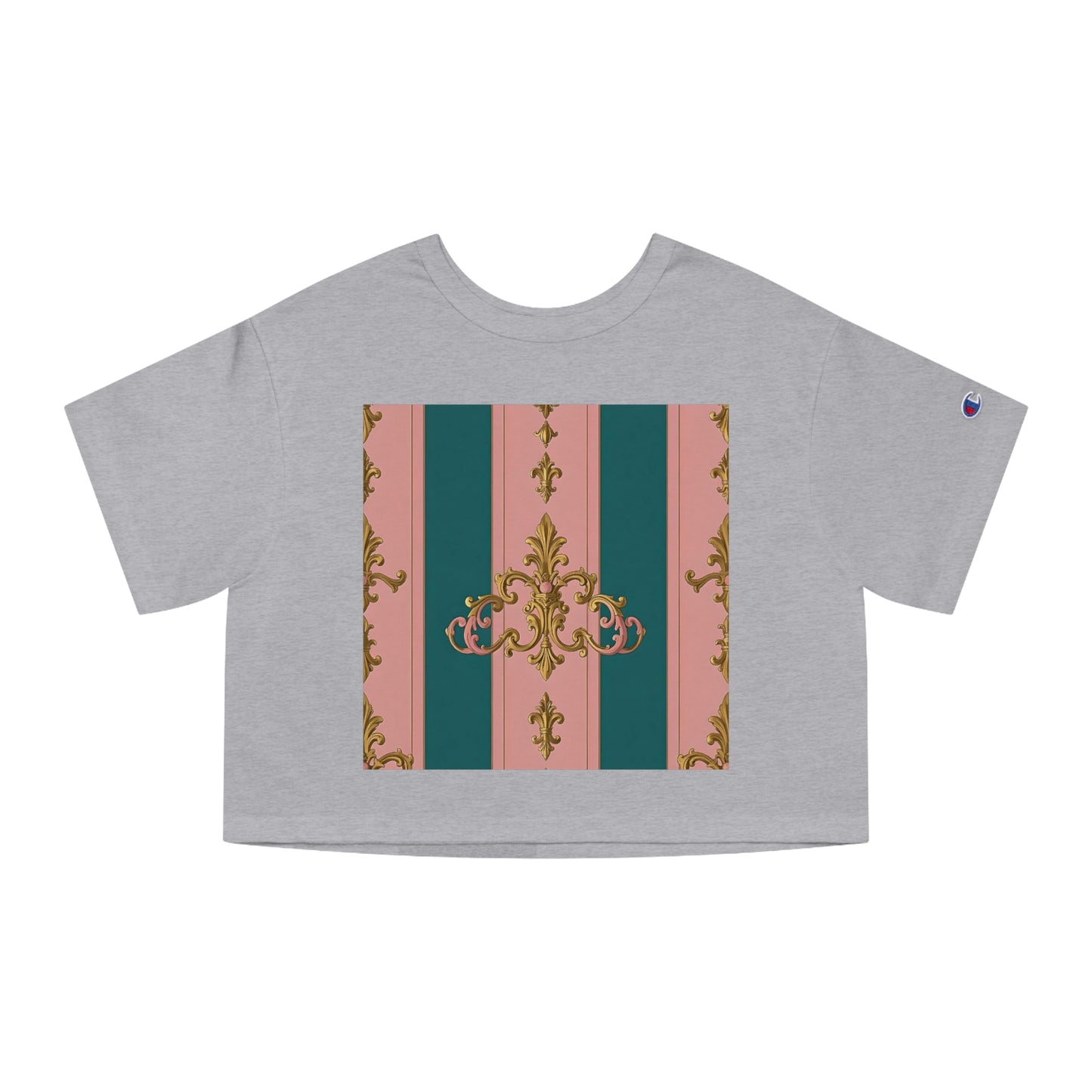 Heritage Cropped T-Shirt with Elegant Floral Design, Casual Wear, Summer Fashion, Vintage Style, Gift for Her - Pink & Teal Striped Gold Baroque