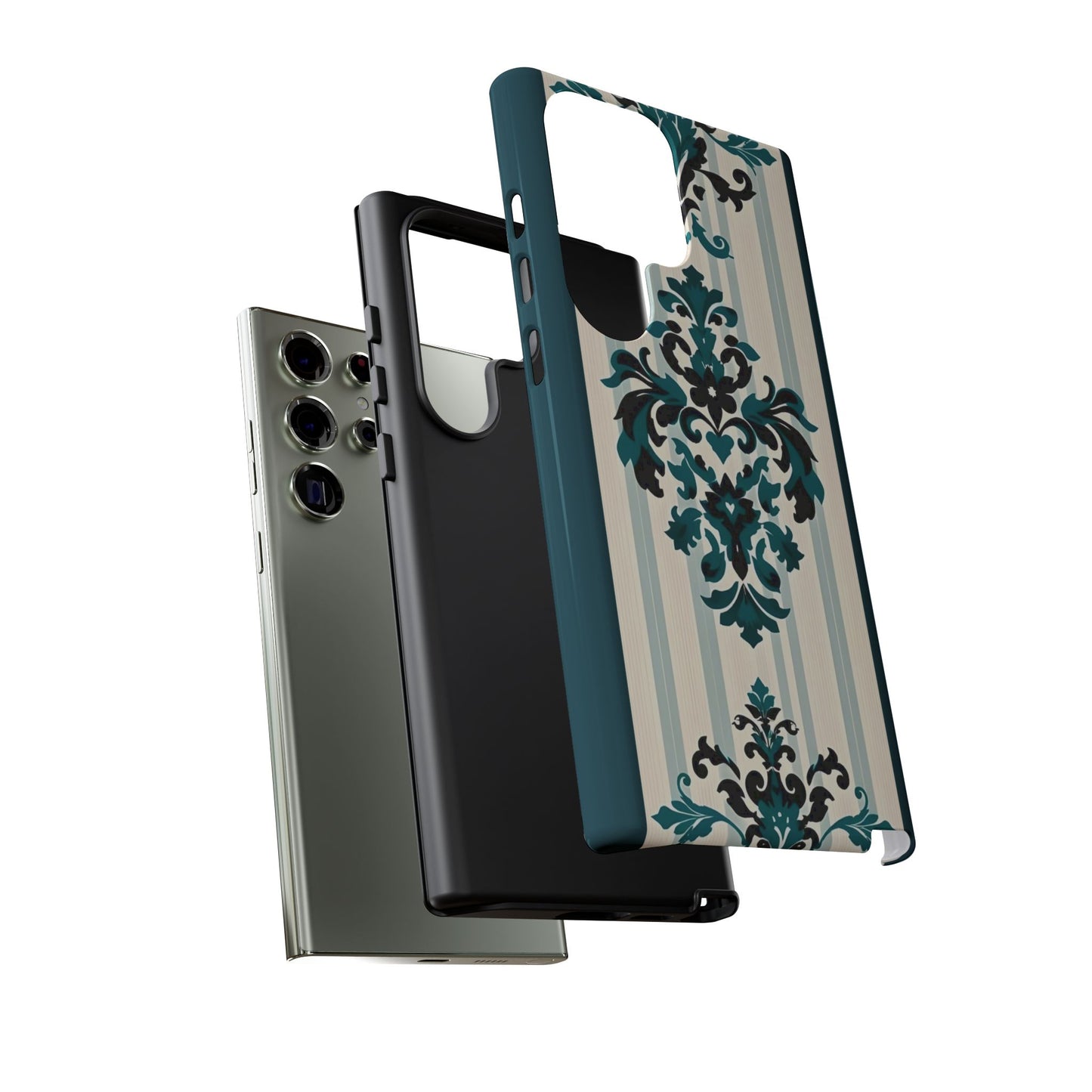 Elegant Floral Phone Case - Tough Cases with Vintage Design - Teal Striped Damask