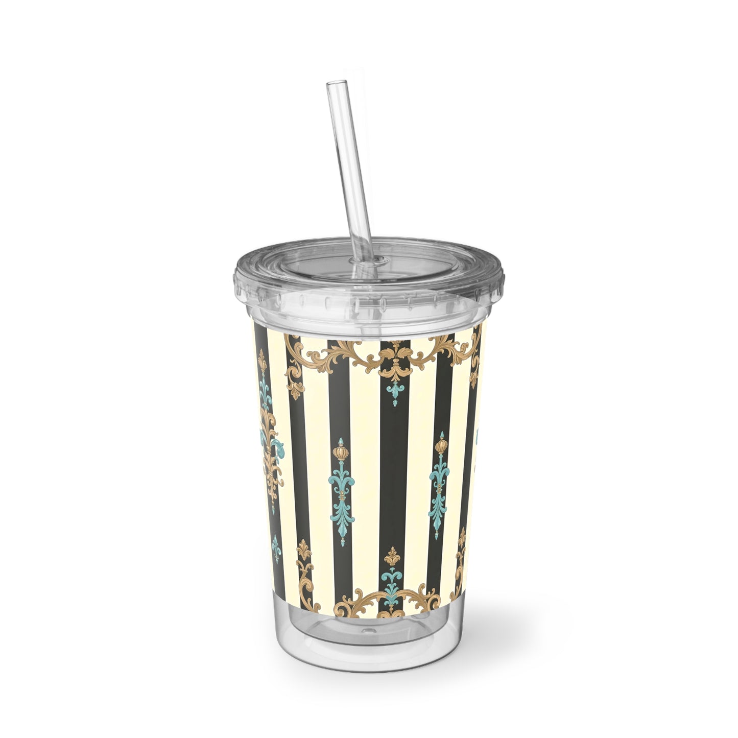 Elegant Insulated Acrylic Cup with Stripes, Stylish Travel Mug, Decorative Drink Container - Black Striped Turquoise & Black Rococo