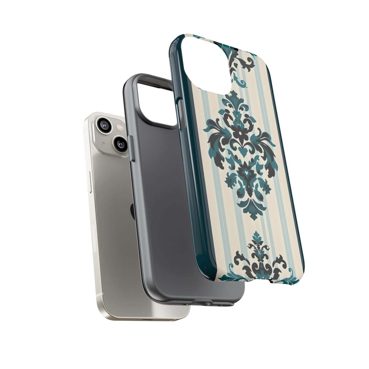 Elegant Floral Phone Case - Tough Cases with Vintage Design - Teal Striped Damask