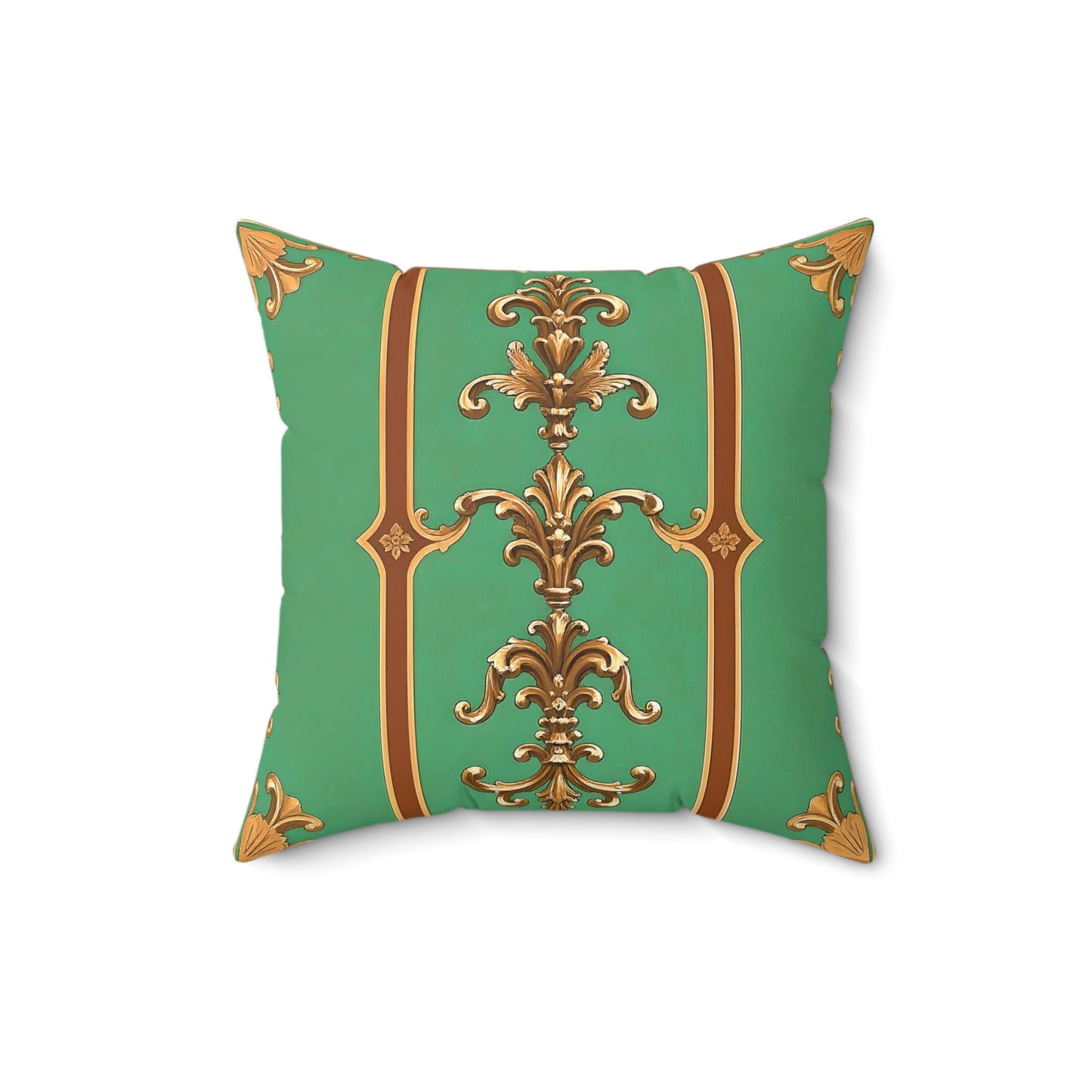 Elegant Faux Suede Square Pillow with Vintage Gold Design - Rust & Green Striped Baroque