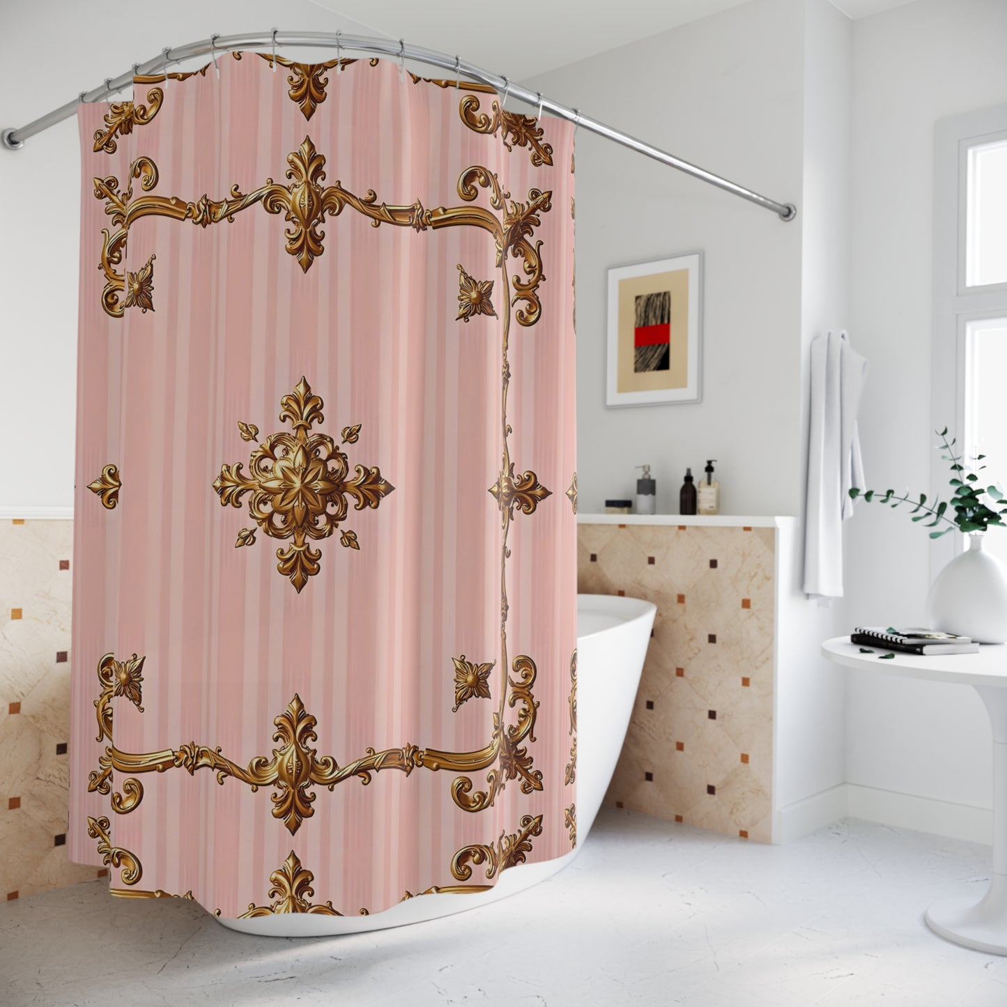 Elegant Vintage Floral Shower Curtain - Pink Striped Gold Baroque Design