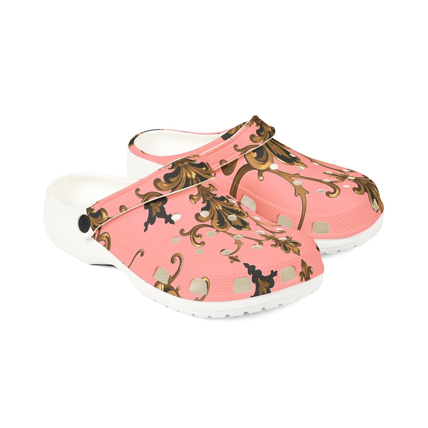 Stylish Floral EVA Clogs - Comfortable Slip-Ons, Trendy Footwear for Home - Pink, Black & Gold Rococo