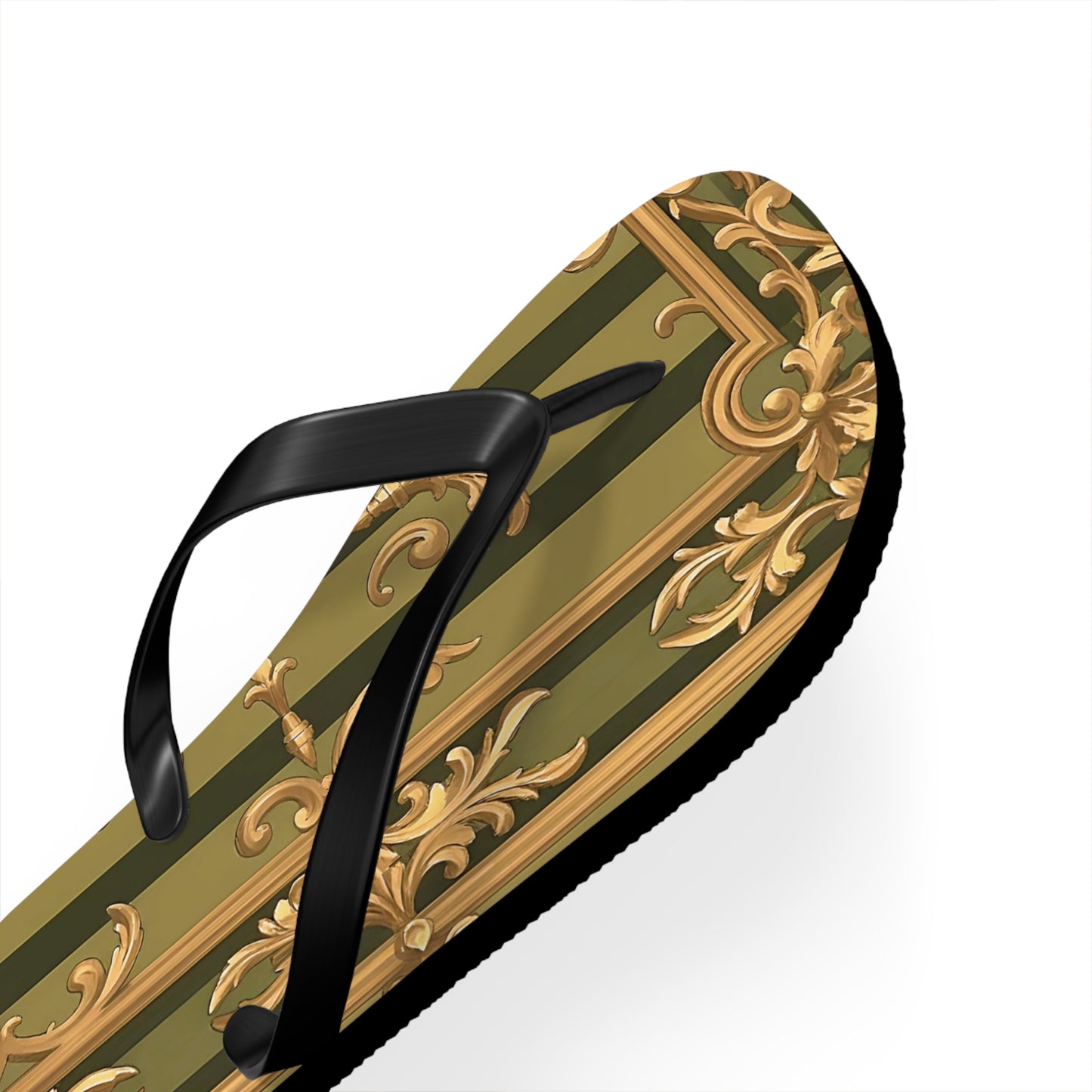 Elegant Floral Flip Flops, Summer Sandals, Beach Footwear, Vacation Essentials, Gift for Her, Outdoor Adventures - Olive Green Striped Rococo