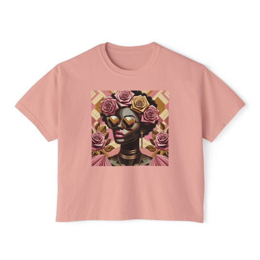 Chic Floral Graphic Women's Boxy Tee, Casual T-Shirt, Summer Fashion, Gift for Her, Everyday Wear - Pink Roses Lady