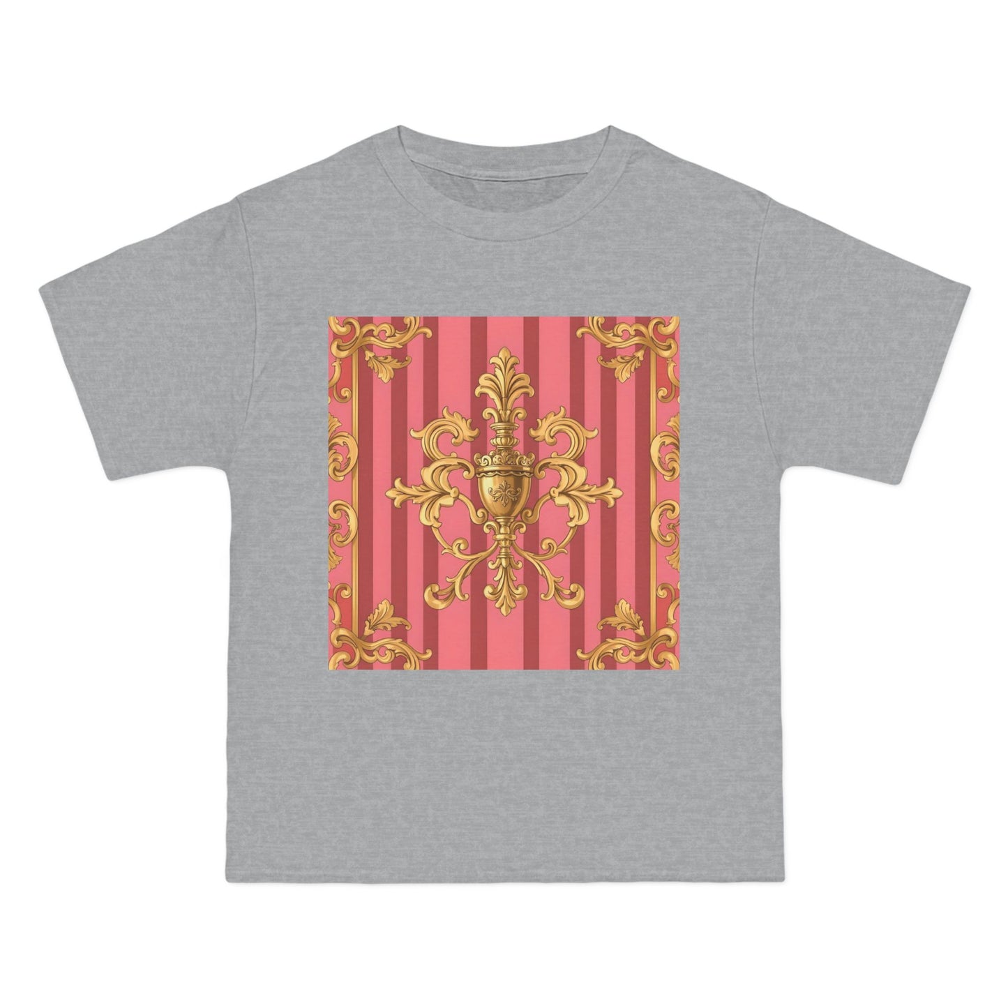 Chic Vintage Style Short-Sleeve T-Shirt - Elegant Baroque Design | Fashion Top, Gift for Her, Casual Wear - Pink Striped Gold Baroque