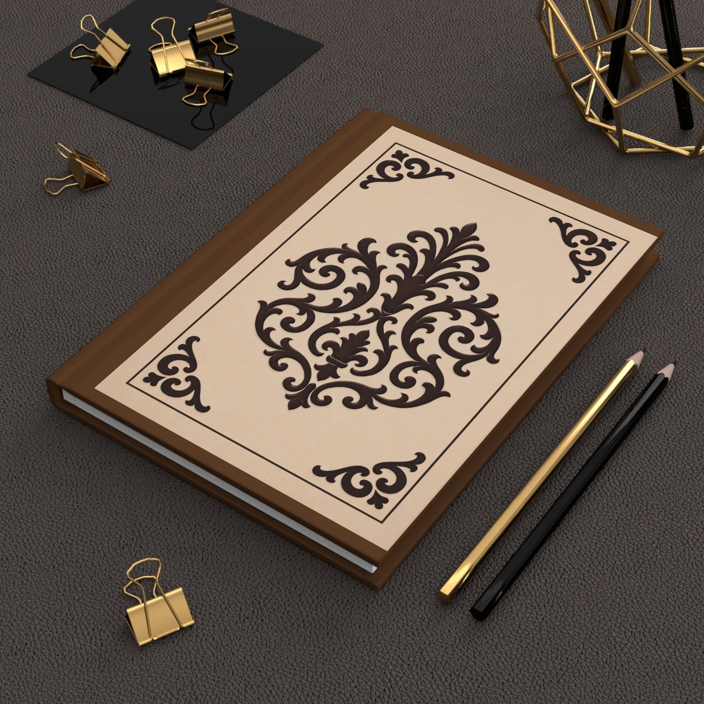 Almond-Beige & Brown Baroque Hardcover Journal — Classic Brown Notebook for Notes & Gift
