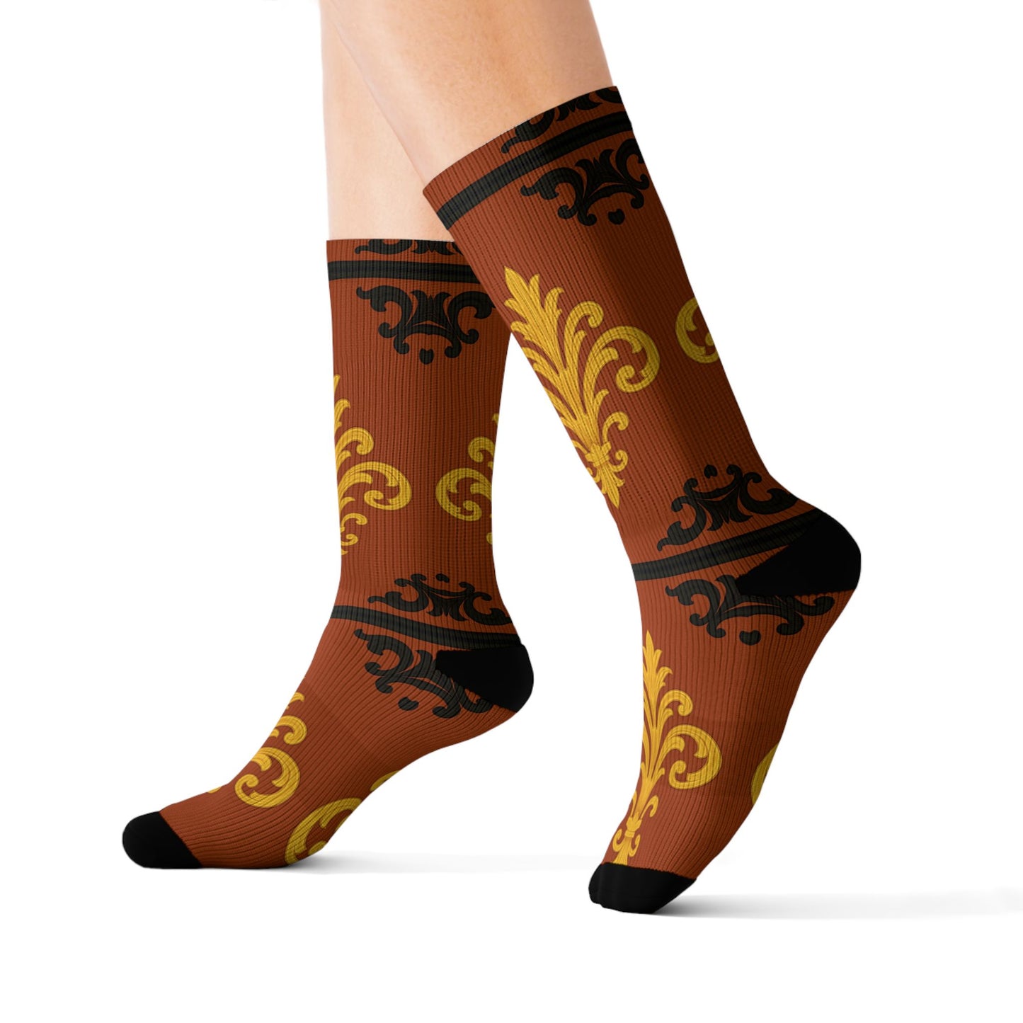 Dusk Terracotta Baroque Sublimation Socks — Vintage Terracotta & Gold Patterned Crew Socks