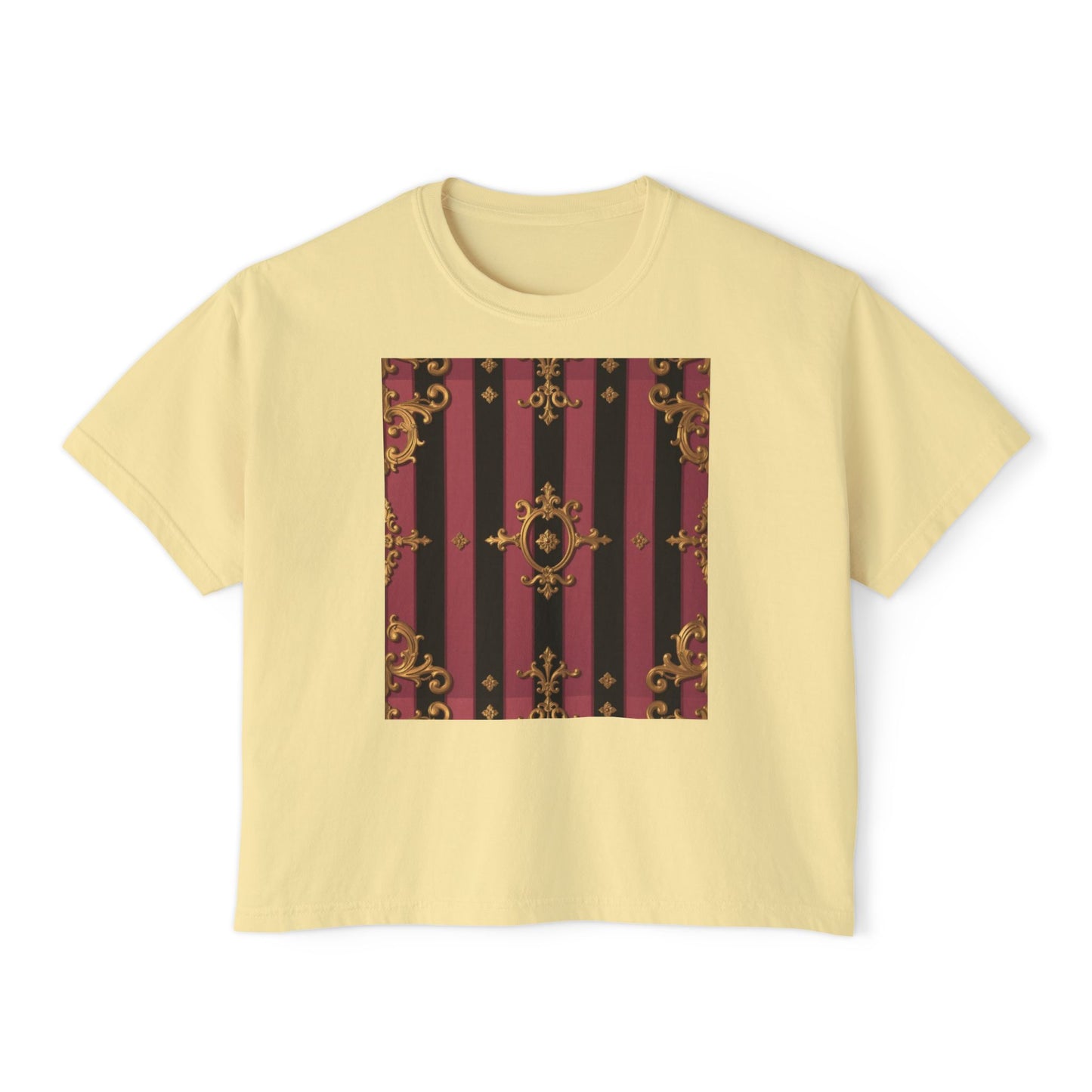 Black & Mauve Striped Gold Baroque Women's Boxy Tee, Vintage Style Top, Casual Fashion Tee, Oversized Graphic Shirt