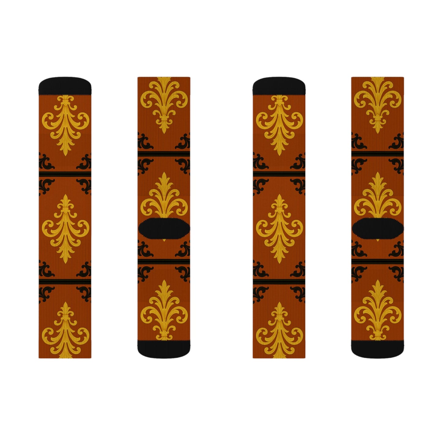 Dusk Terracotta Baroque Sublimation Socks — Vintage Terracotta & Gold Patterned Crew Socks