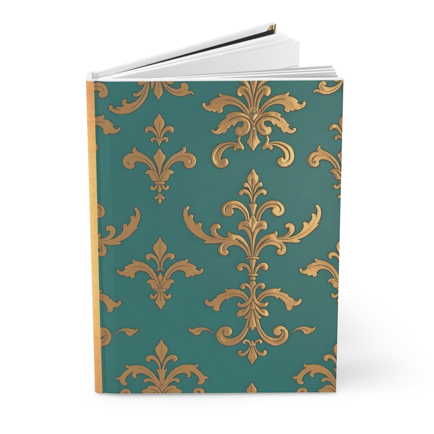 Elegant Floral Hardcover Journal - Stylish Writing Notebook - Aqua & Gold Damask Design