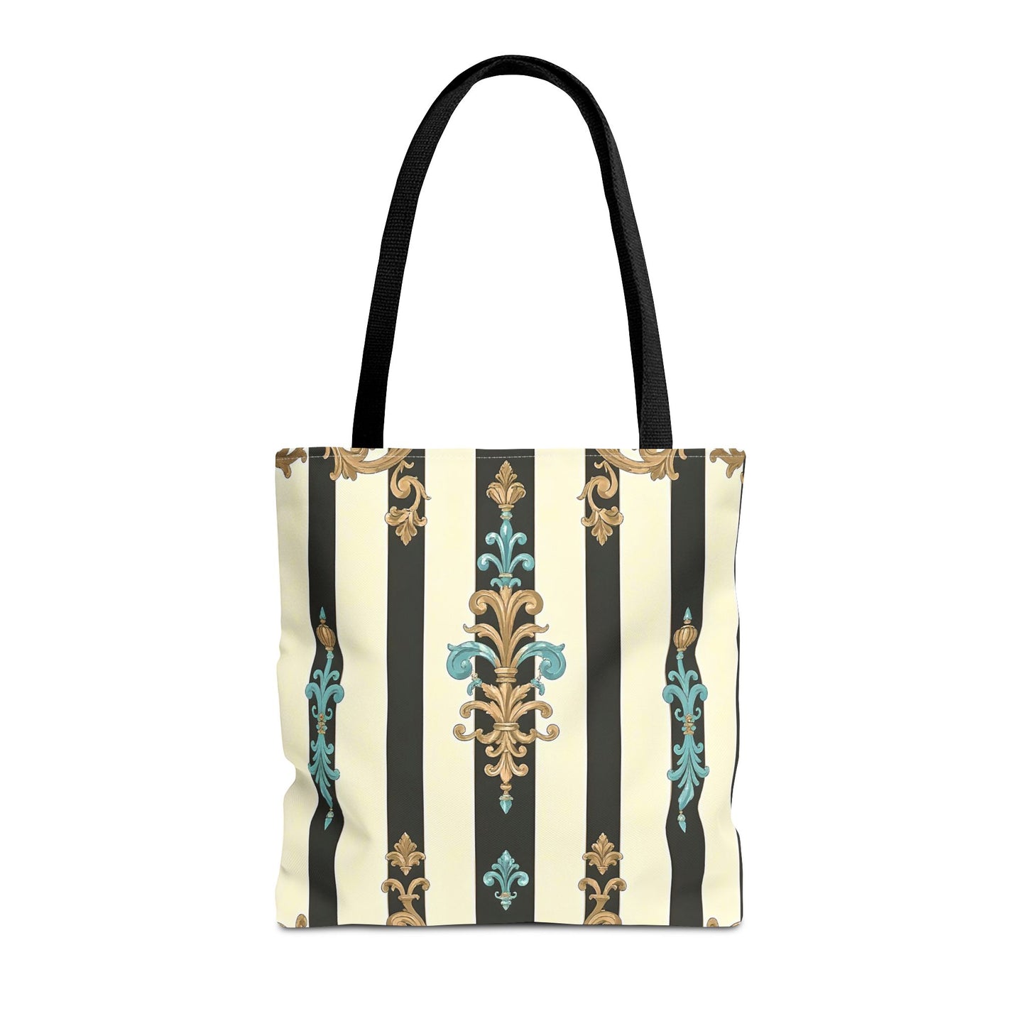 Elegant Stripe Pattern Tote Bag | Fashionable Reusable Shopping Tote, Eco-Friendly Gift Bag - Black Striped Turquoise & Black Rococo