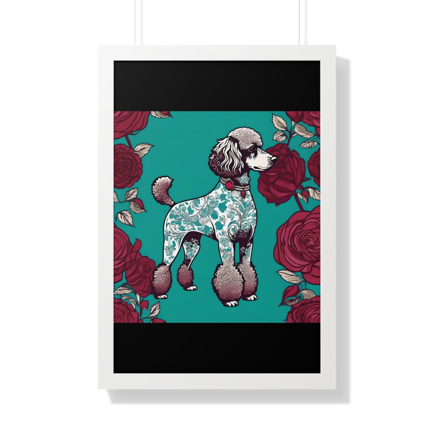 Vertical Poster - Stylish Framed - Art for Home Decor - Damask Aqua & White Poodle With Burgundy Roses