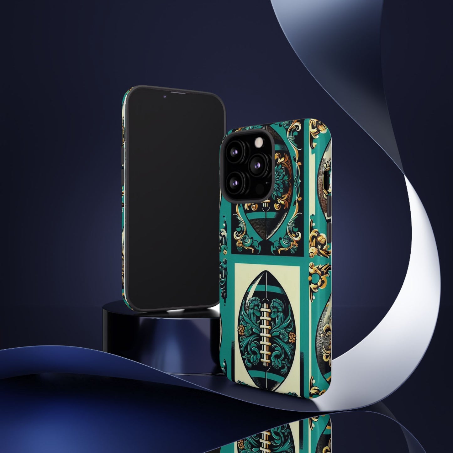 Elegant Floral Motif Phone Case - Tough Cases with Vintage Design -  Damask Teal, Gold & Black Footballs