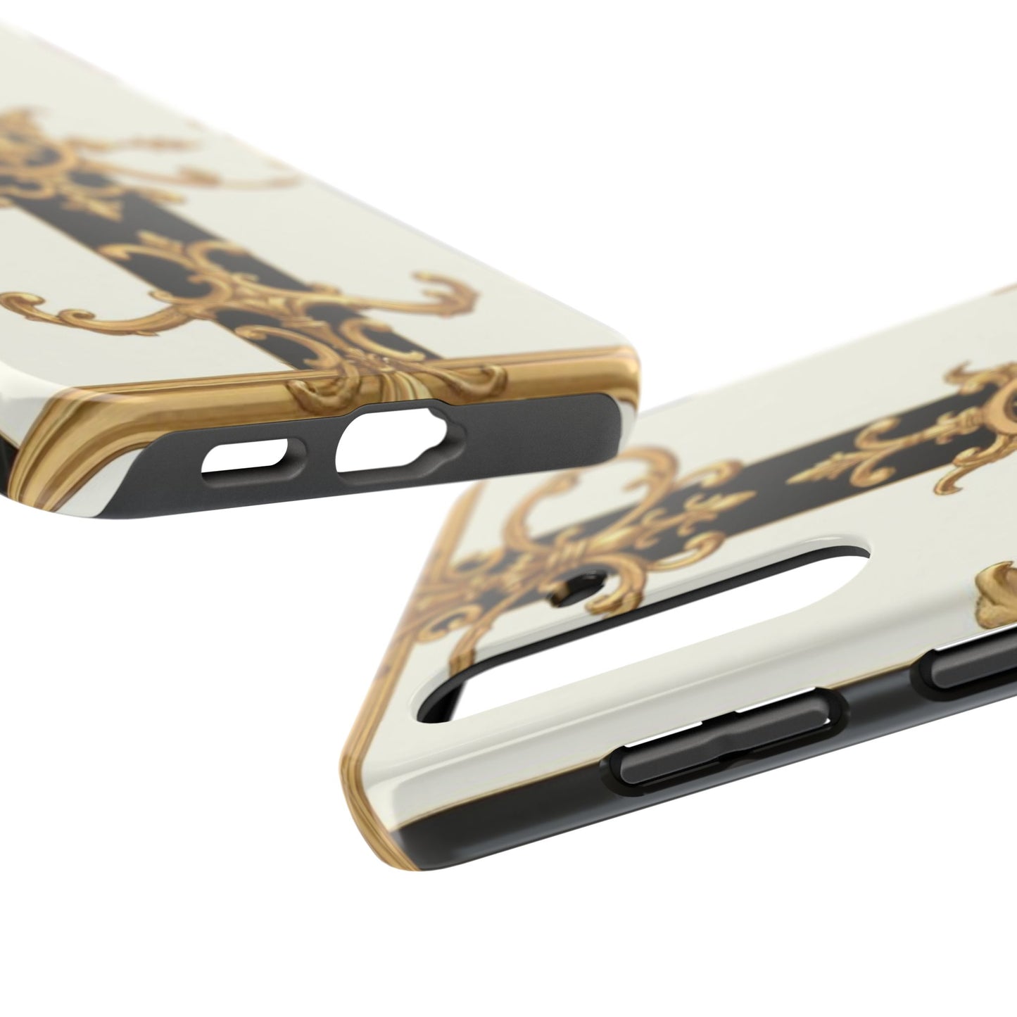 Elegant Baroque Tough Phone Case | Stylish Protection for Your Device, Gift for Her, Phone Accessories - Black & White Striped Gold Baroque