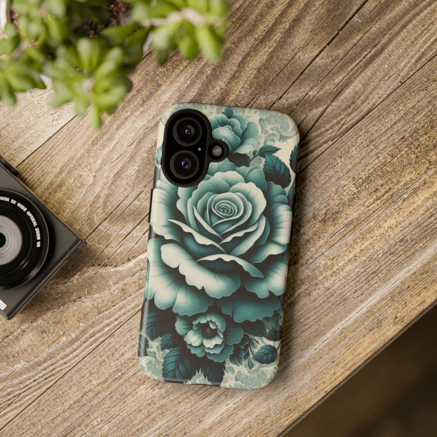 Elegant Floral Motif Phone Case - Tough Cases with Vintage Design - Teal Roses & Damask