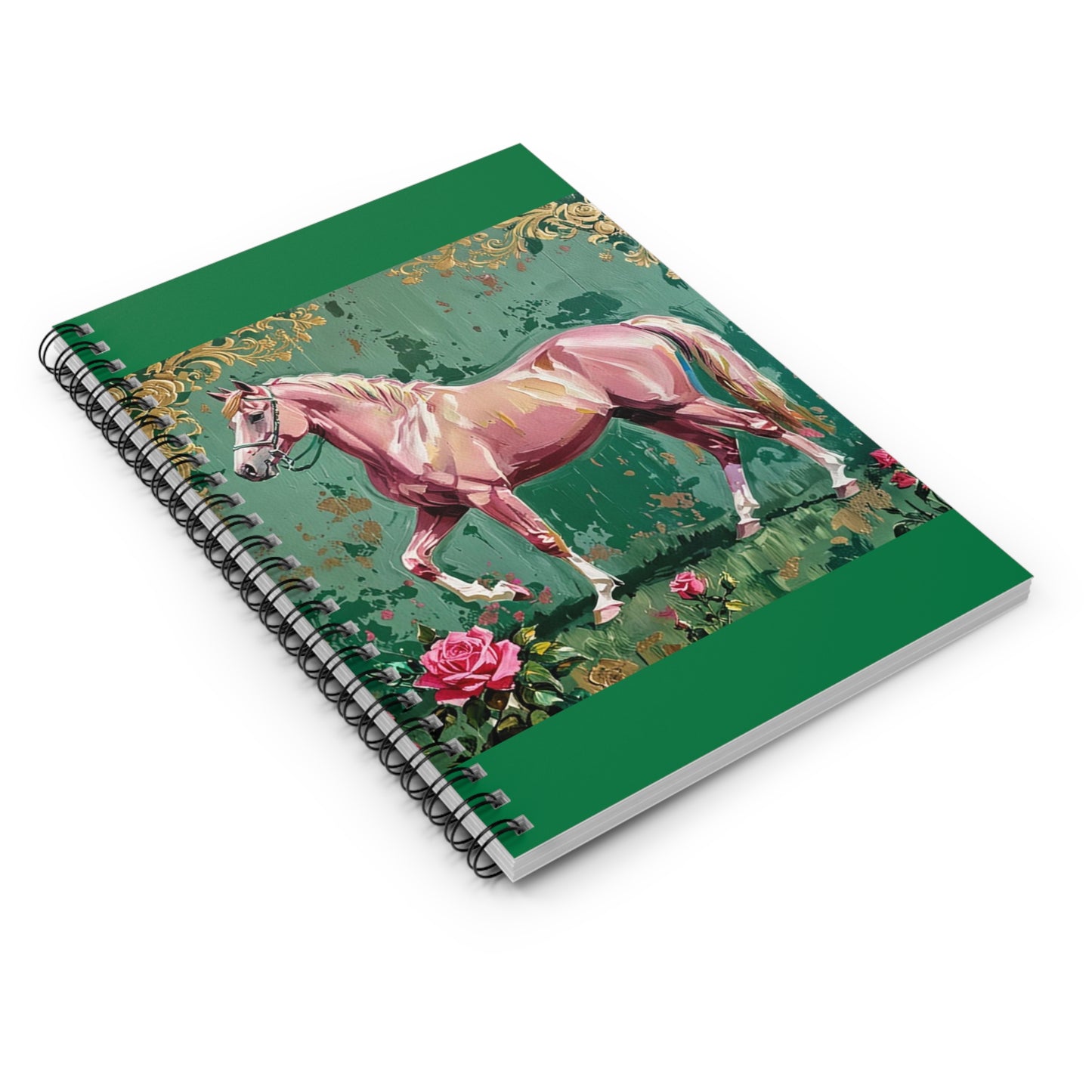 Elegant Vintage Spiral Notebook - Ruled Line with Pink Horse & Gold Damask
