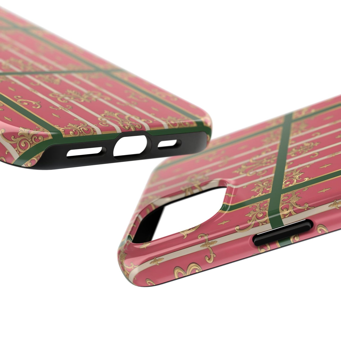 Elegant Green Border Pink Striped Baroque Phone Cases, Tough Phone Cases for Protection, Stylish Mobile Accessories, Gift for Her, Holiday Tech Gifts