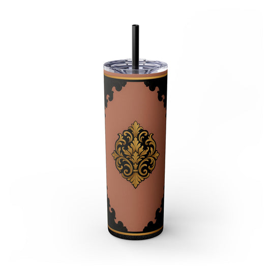 20oz Skinny Tumbler with Straw — Vintage Mauve & Black-Gold Baroque Design