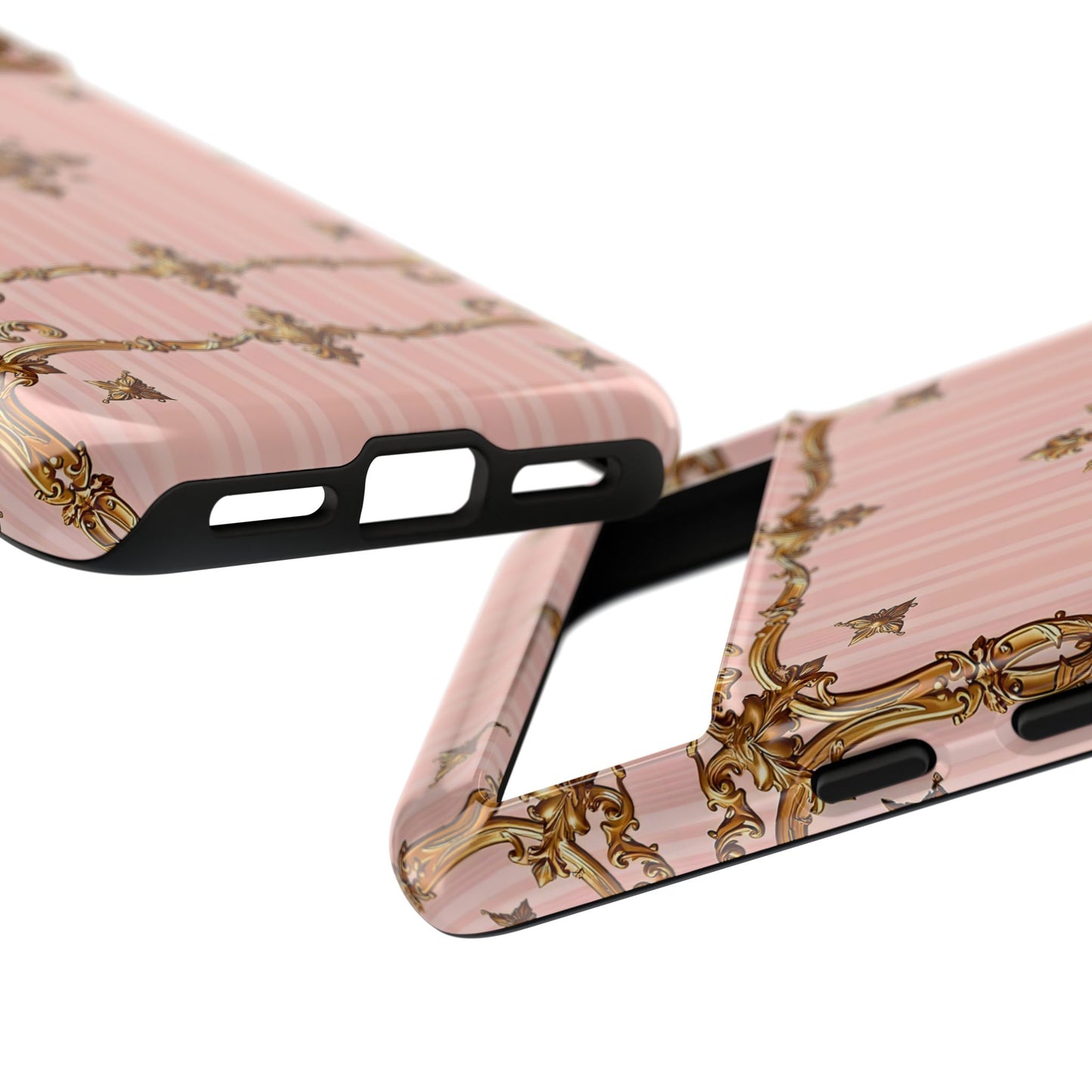 Elegant Floral Phone Case, Tough Cases for Women, Trendy Phone Cover, Chic Gift - Pink Striped Gold Baroque