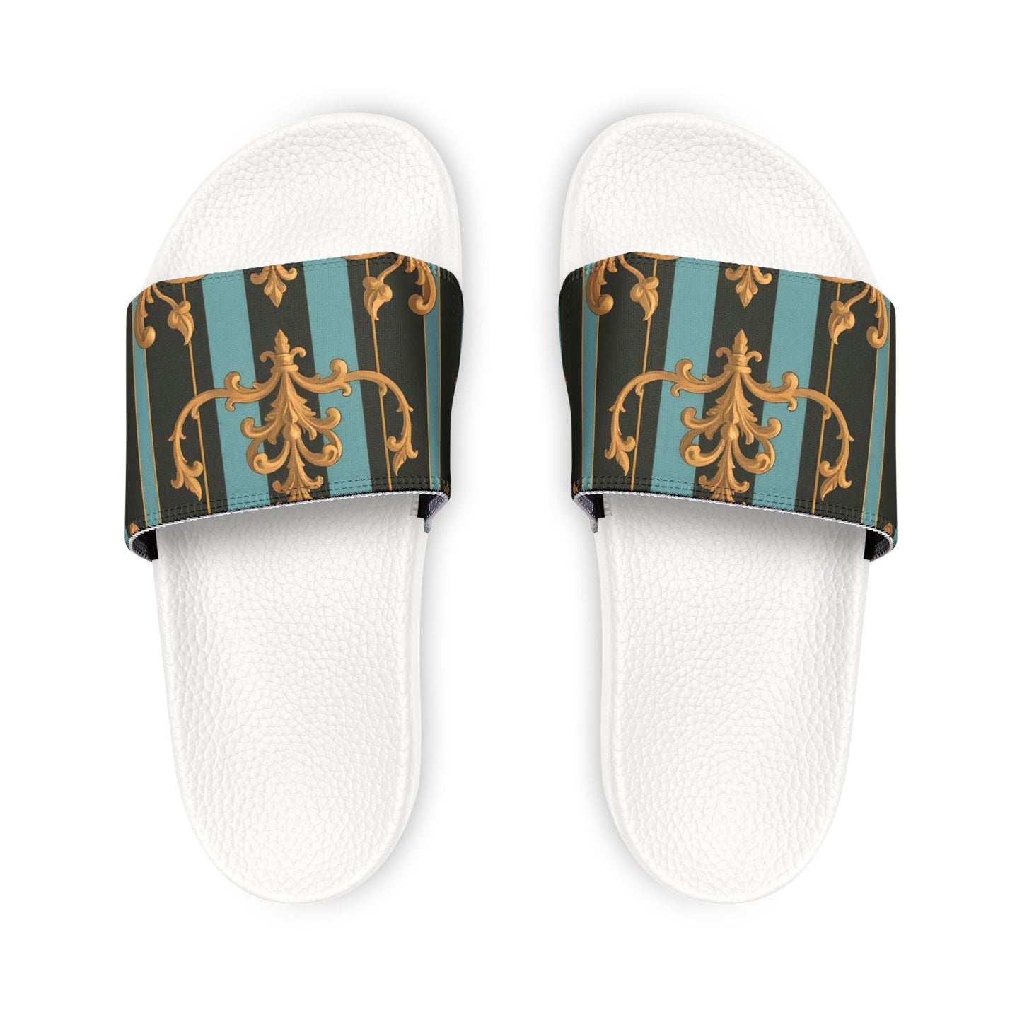 Chic Women's Removable-Strap Sandals - Stylish Summer Footwear, Poolside Essential, Vacation Must-Have - Black & Turquoise Striped Baroque