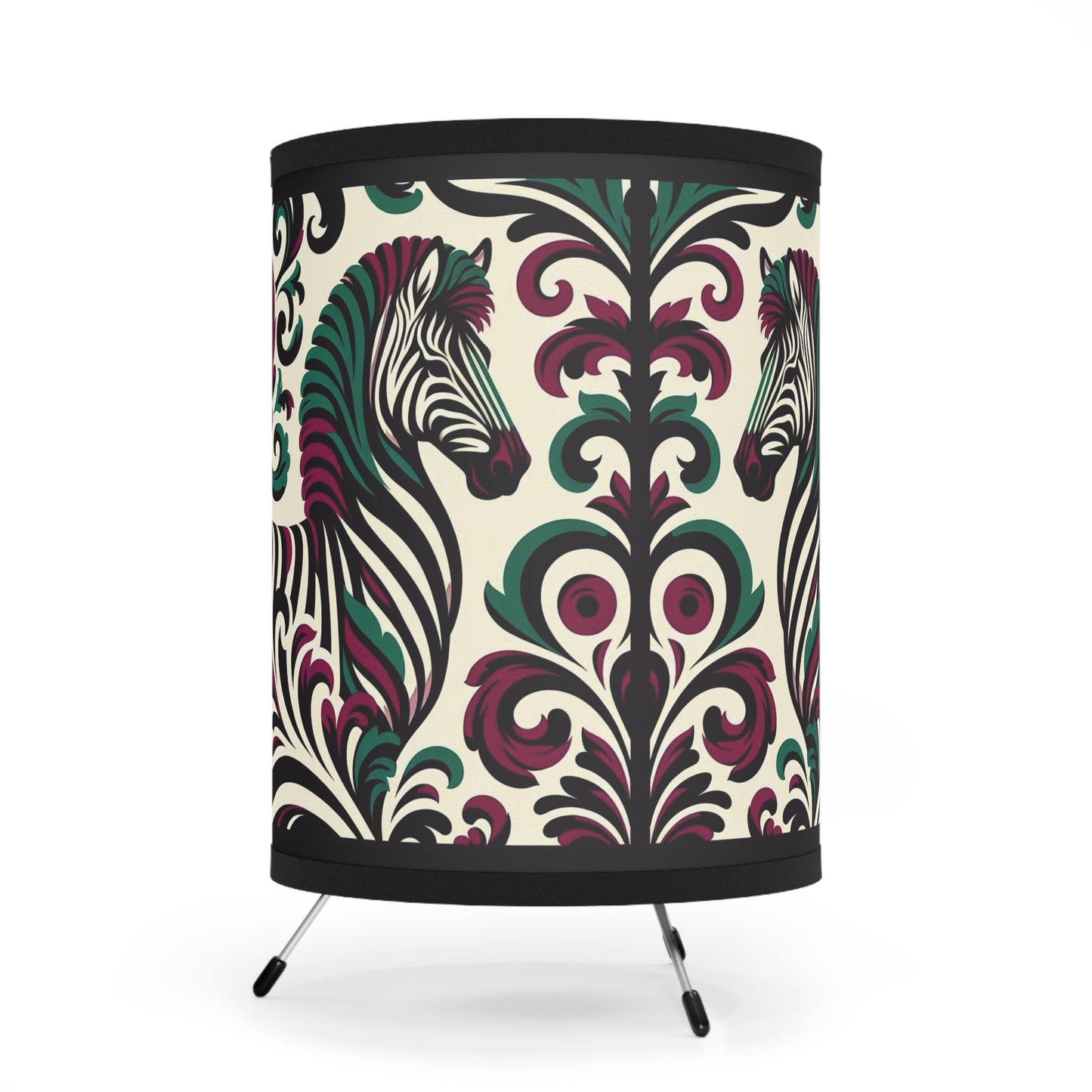 Tripod Lamp - Elegant Vintage Floral Print Home Accent - Burgundy & Green Zebra Damask Design