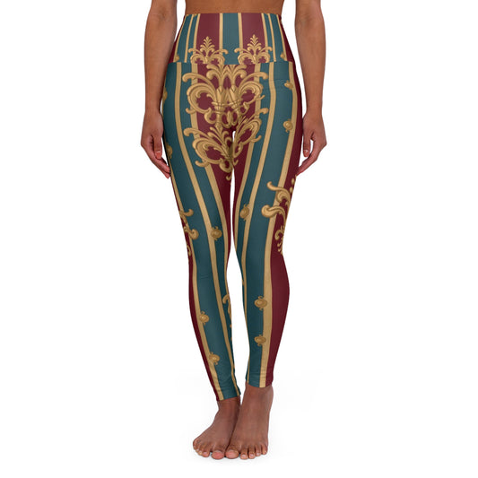 Elegant Patterned High Waisted Yoga Leggings, Stylish Activewear for Yoga, Fitness, and Everyday Comfort - Burgundy Striped Gold Baroque