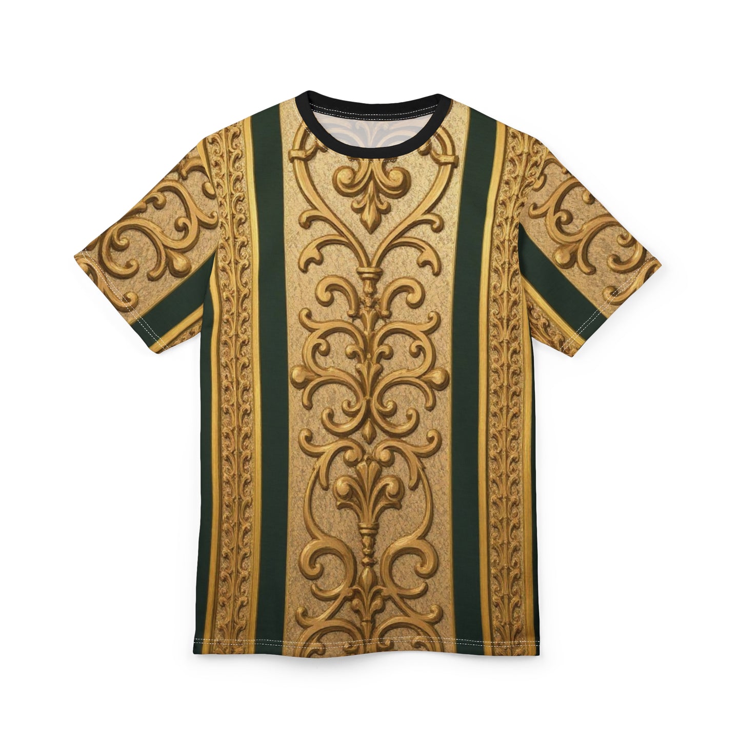 Elegant Teal Striped Gold Baroque Ornate Unisex Tee, Boho Chic Shirt, Gift for Art Lovers, Unique Art Top, Fashion Statement Tee