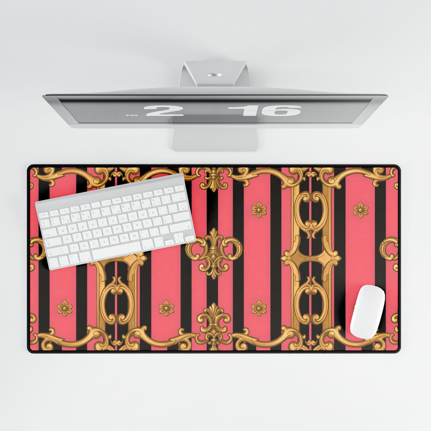 Elegant Pink & Black Desk Mat for Home Office, Stylish Ergonomic Mat, Desk Accessories - Pink & Black Striped Gold Baroque