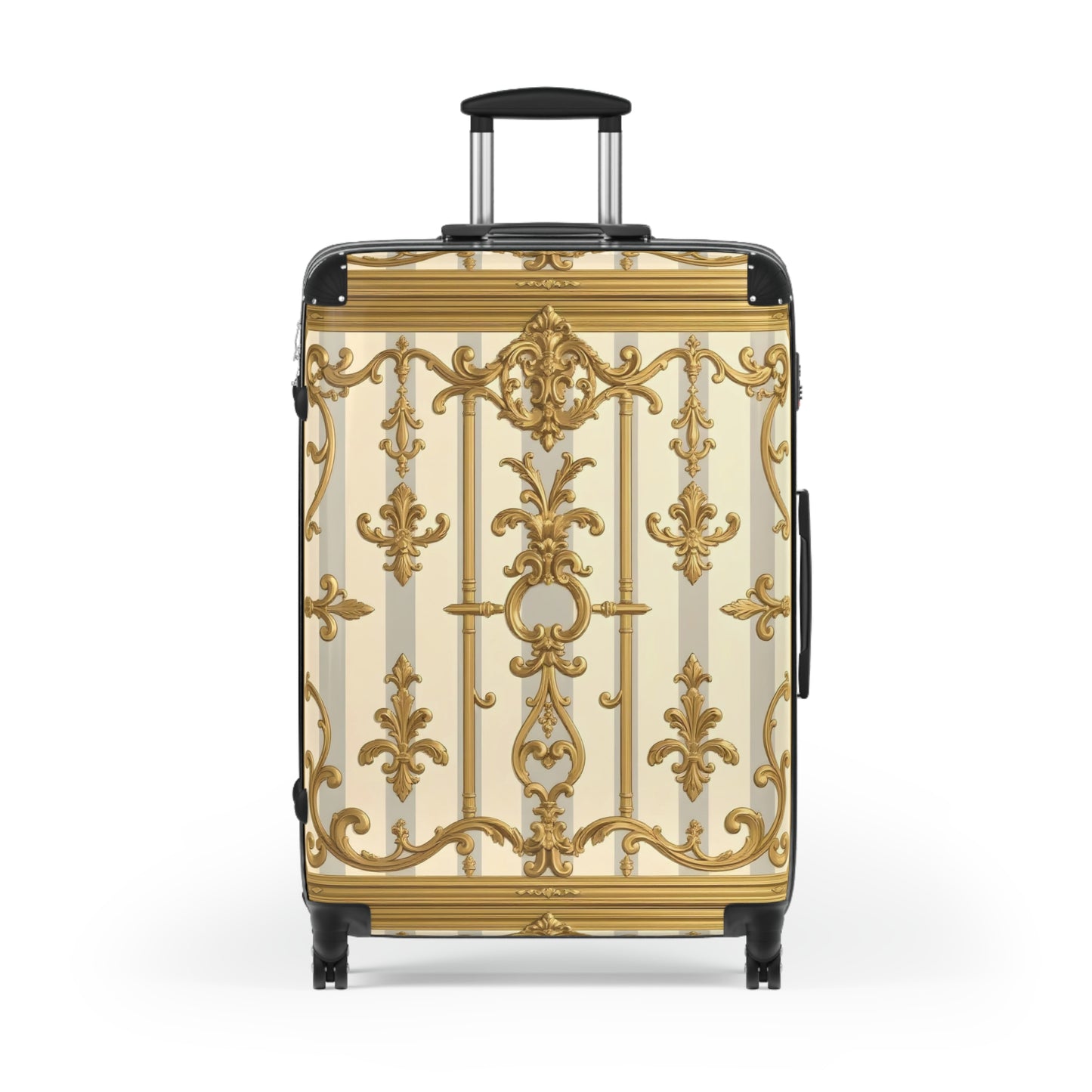 Elegant Travel Suitcase with Vintage Gold Design, Stylish Luggage, Fashionable Carry-On, Travel Gifts - Matte Gray & Cream Striped Gold Baroque
