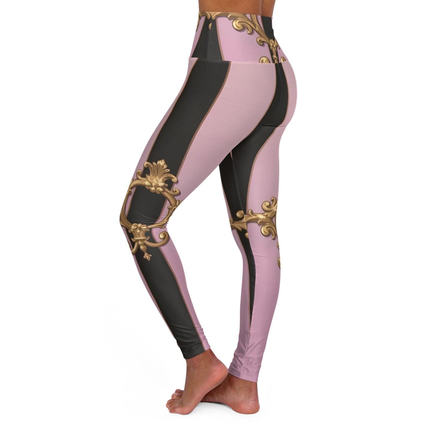 Elegant AOP High Waisted Yoga Leggings - Fashionable Activewear for Workouts, Athleisure, Yoga Classes - Matte Lavender & Black Striped Gold Baroque