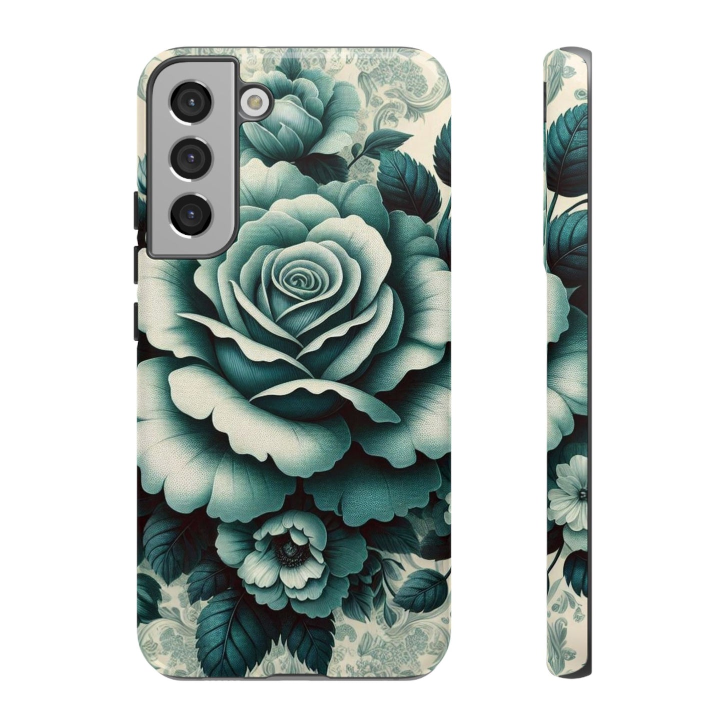Elegant Floral Motif Phone Case - Tough Cases with Vintage Design - Teal Roses & Damask