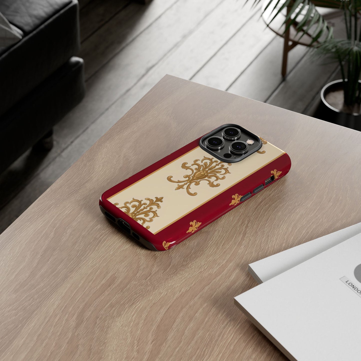 Elegant Floral Motif Phone Case - Tough Cases with Vintage Design - Dusk Red Striped Gold Damask